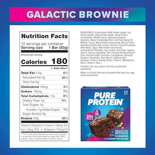 Pure Protein Pure Protein Bars, Galactic Brownie, High Protein, Low Sugar, Gluten Free, Nutritious Snack, 1.76oz, Pack of 12