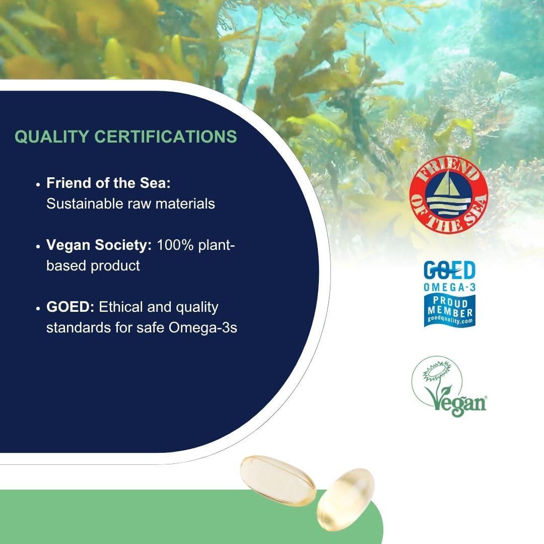OMEGOR Omegor Veg Omega-3 Vegan (60 Capsules) Plant-Based Omega-3 Derived from Algal Oil, Enriched with Vitamin E Contains 250mg DHA and 125mg EPA per Capsule IFOS and Vegan Society Certified