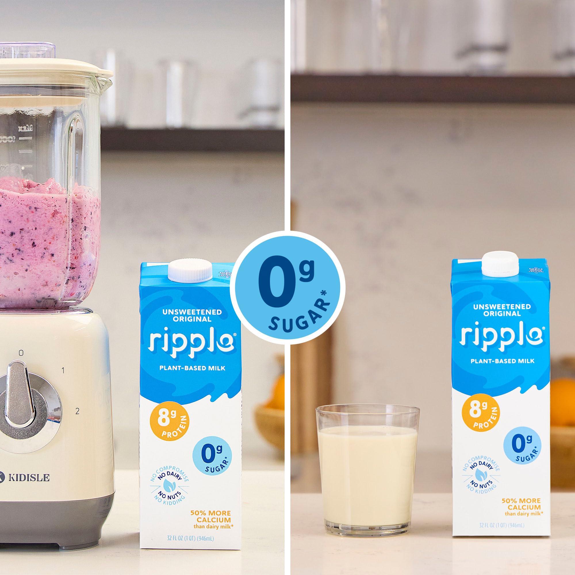Ripple Ripple Unsweetened Original Plant Based Milk | 8g of Quality Sourced Pea Protein, Calcium Rich | Shelf Stable | Vegan, Non GMO | Dairy, Soy, Nut, & Gluten Free | 32 Fl Oz Cartons (Pack of 6)
