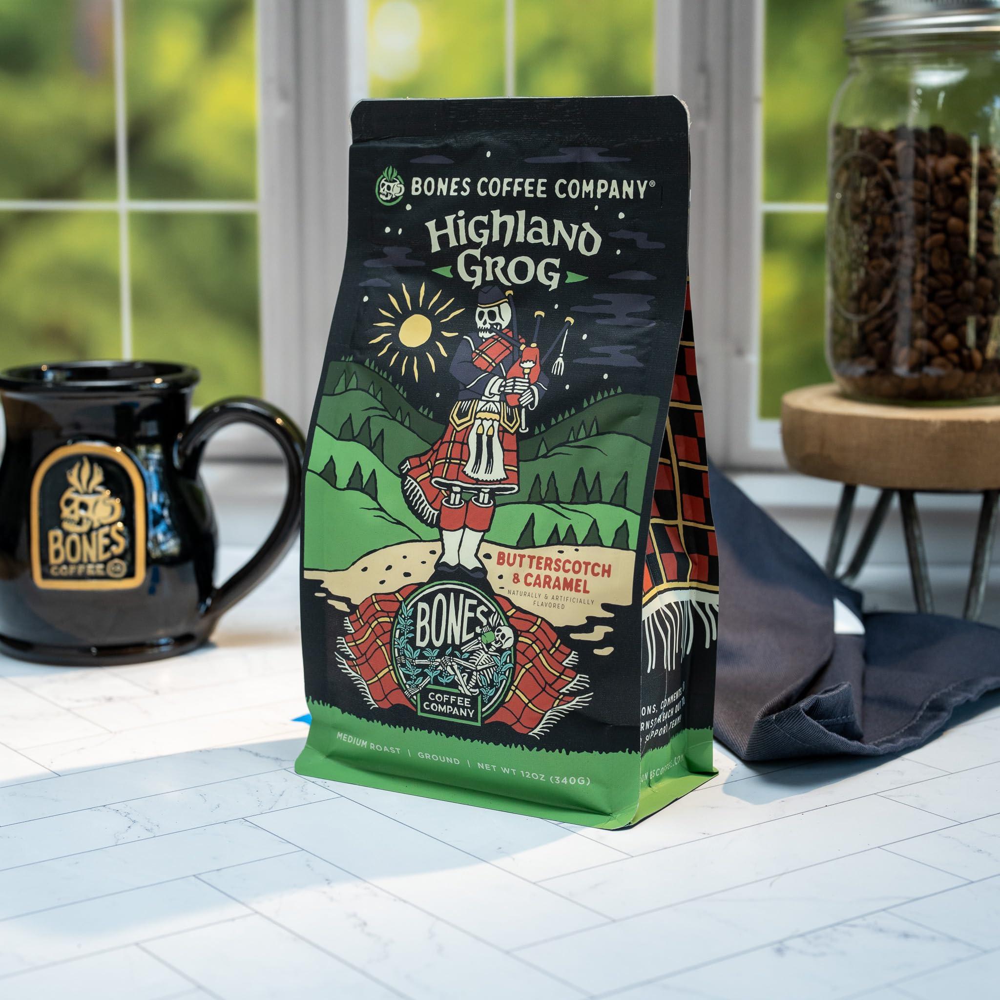 Bones Coffee Company Bones Coffee Company Highland Grog Flavored Coffee Beans, Medium Roast Ground Coffee Low Acid, Butterscotch Caramel Flavor (12 oz)