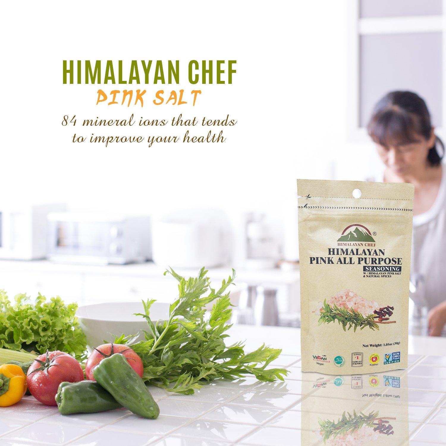 Himalayan Chef Himalayan Chef Pink Salt & All Purpose Seasoning Pouch, 1.06 Ounce, 100% Pure, Food Grade with 84 Trace Minerals | VEGAN Certified, Non-GMO (Pack of 12)