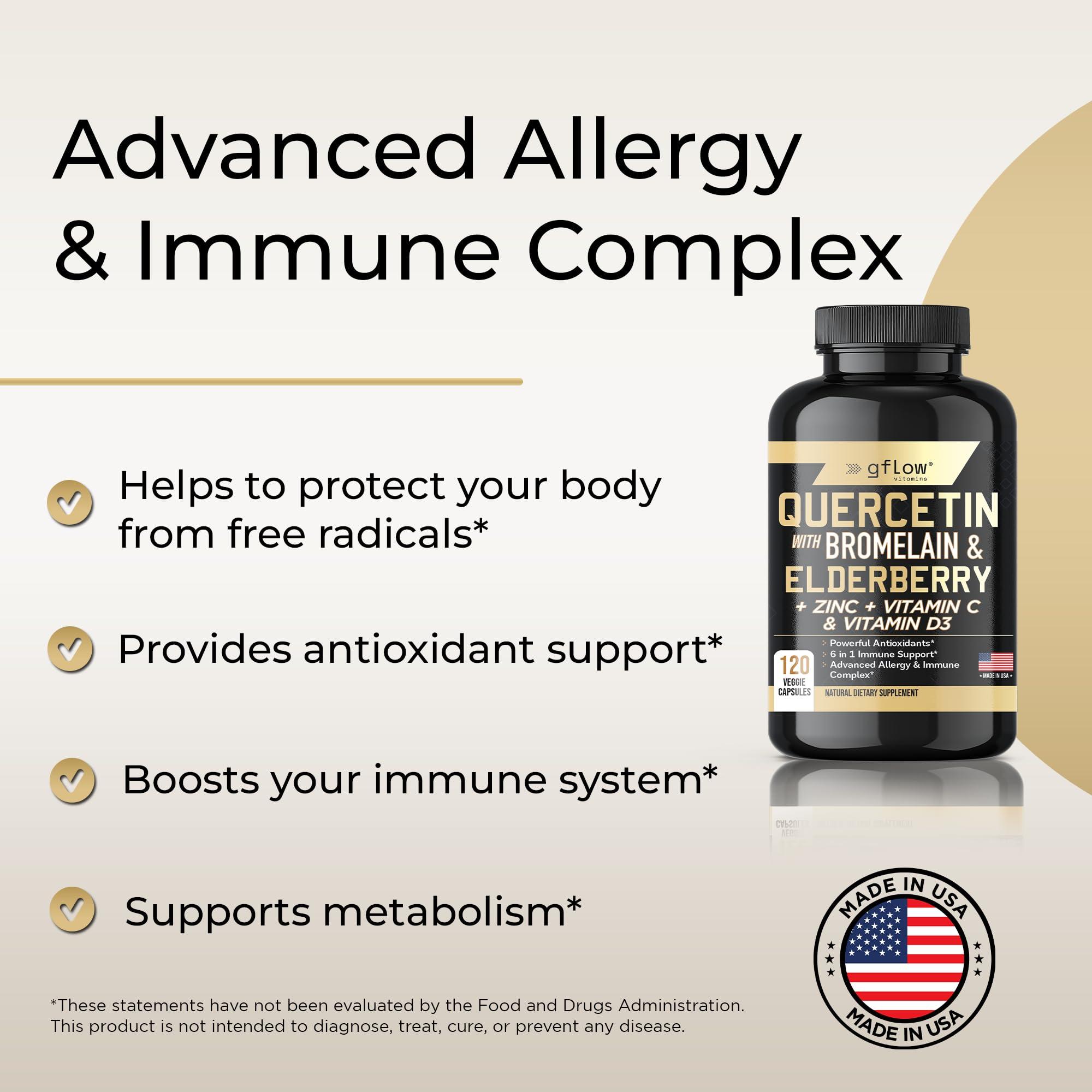 gflow vitamins Quercetin with Vitamin C and Zinc - Quercetin 500mg - Quercetin with Bromelain - Zinc Quercetin - 120 Veggie Caps - Elderberry with zinc and Vitamin c for Adults (Non-GMO, Vegan) 2 Months Supply