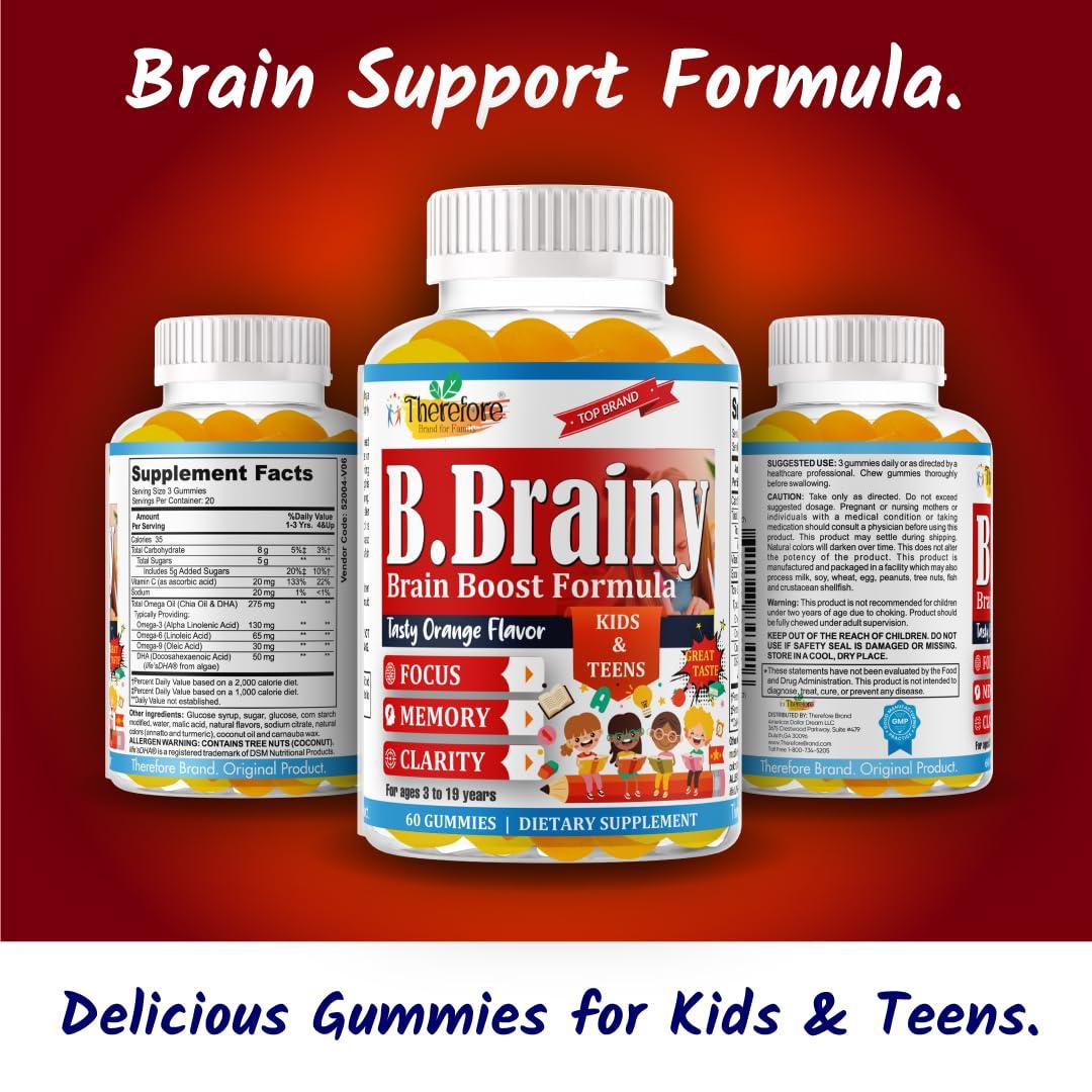 Therefore B.Brainy Brain Focus Gummies for Kids & Teens, Attentive Child Supplement, Brain Focus Vitamins for Kids & Teens, Vegan Omega 3 EPA/DHA, Support Memory, Clarity, Concentration, Low Sugar 60 Gummies