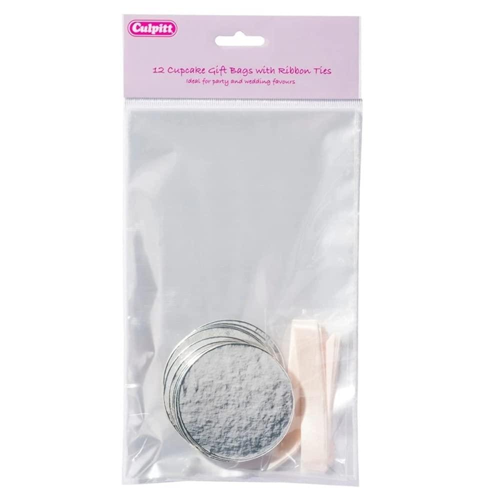 Culpitt Culpitt Clear Cupcake Gift Bags with Bases and Ribbon Ties, Transparent Cellophane Bags for Cakes, Cupcakes, Cookies, Toys, Sweets, and Chocolates - 12 Bags, 225mm x 145mm