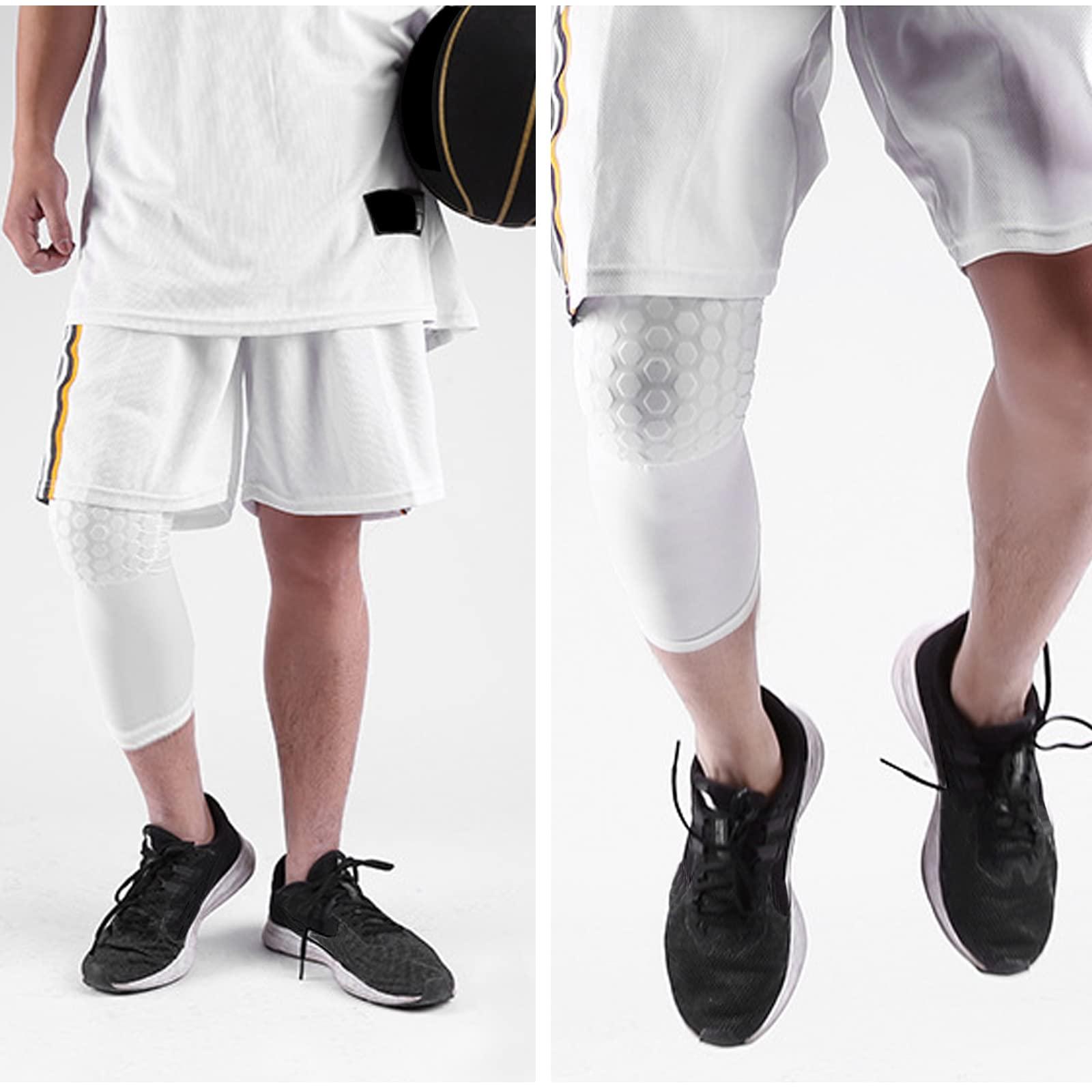 Laiiqi Laiiqi Compression Knee Pads Leg Sleeve, Hex Knee Pads for Basketball Honeycomb Anti Collision Knee Pads Long Kneepads Non-Slip Football Knee Pads for Youth Adult (A Pair White/L)