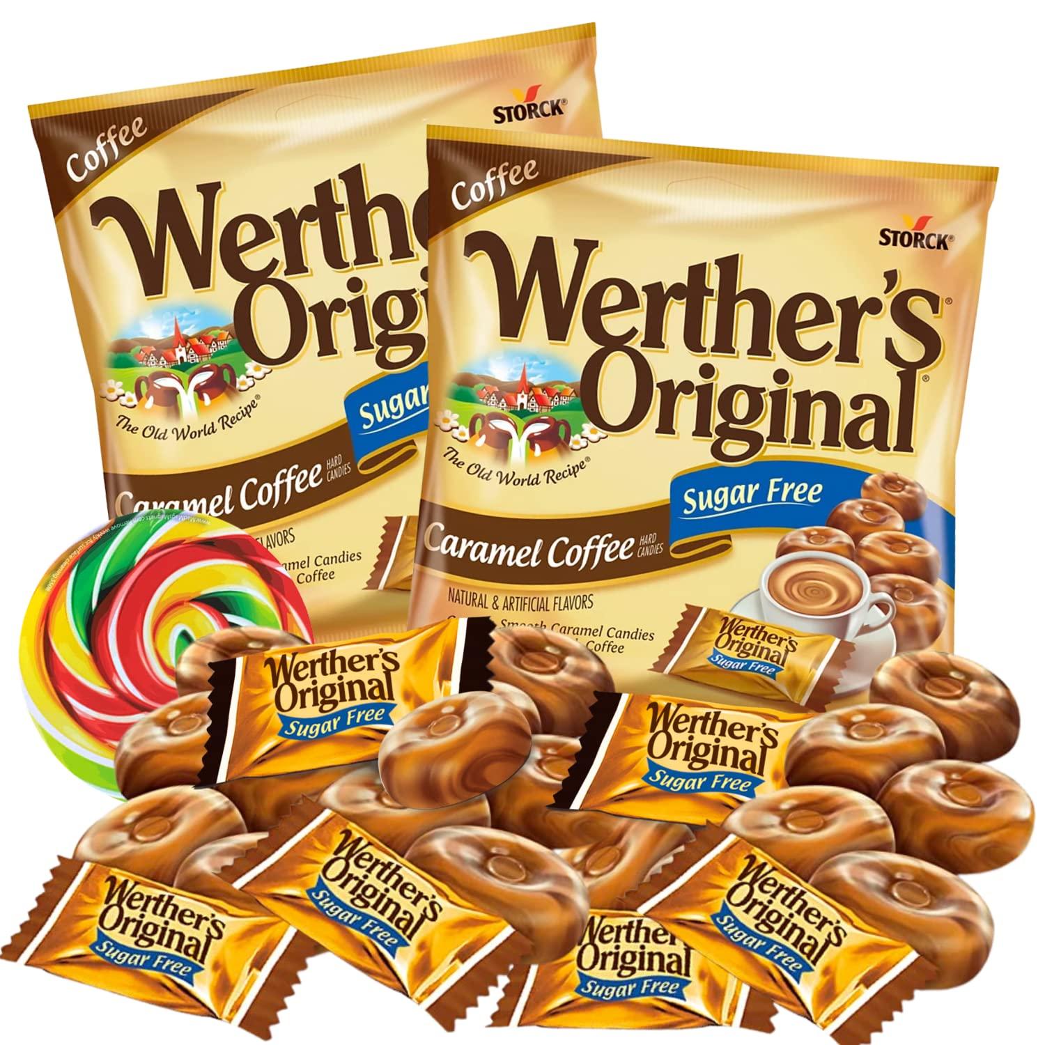 Sweetzo Werther's Original Caramel Coffee Sugar Free Hard Candies, Individually Wrapped Snacks for Adults, Gift Basket Stuffers, Pack of 2, 2.75 Ounces