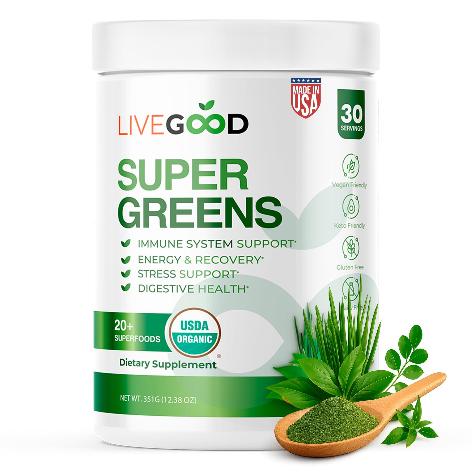 LIVEGOOD LIVEGOOD Organic Super Greens with Wheat, Barley, Oat Grass, Matcha Green Tea, Aloe Vera, Vegan, Gluten Free, 7.2 oz.