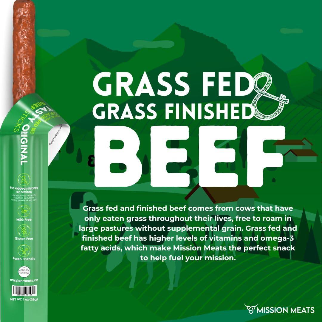 EST. 2015 MISSION MEATS Mission Meats Beef Sticks 100% Grass Fed & Pasture Raised, Zero Sugar, Gluten Free, Meat Sticks Individually Wrapped, Healthy Snacks, Whole 30 & Paleo Friendly, Original 1oz (Pack of 48)