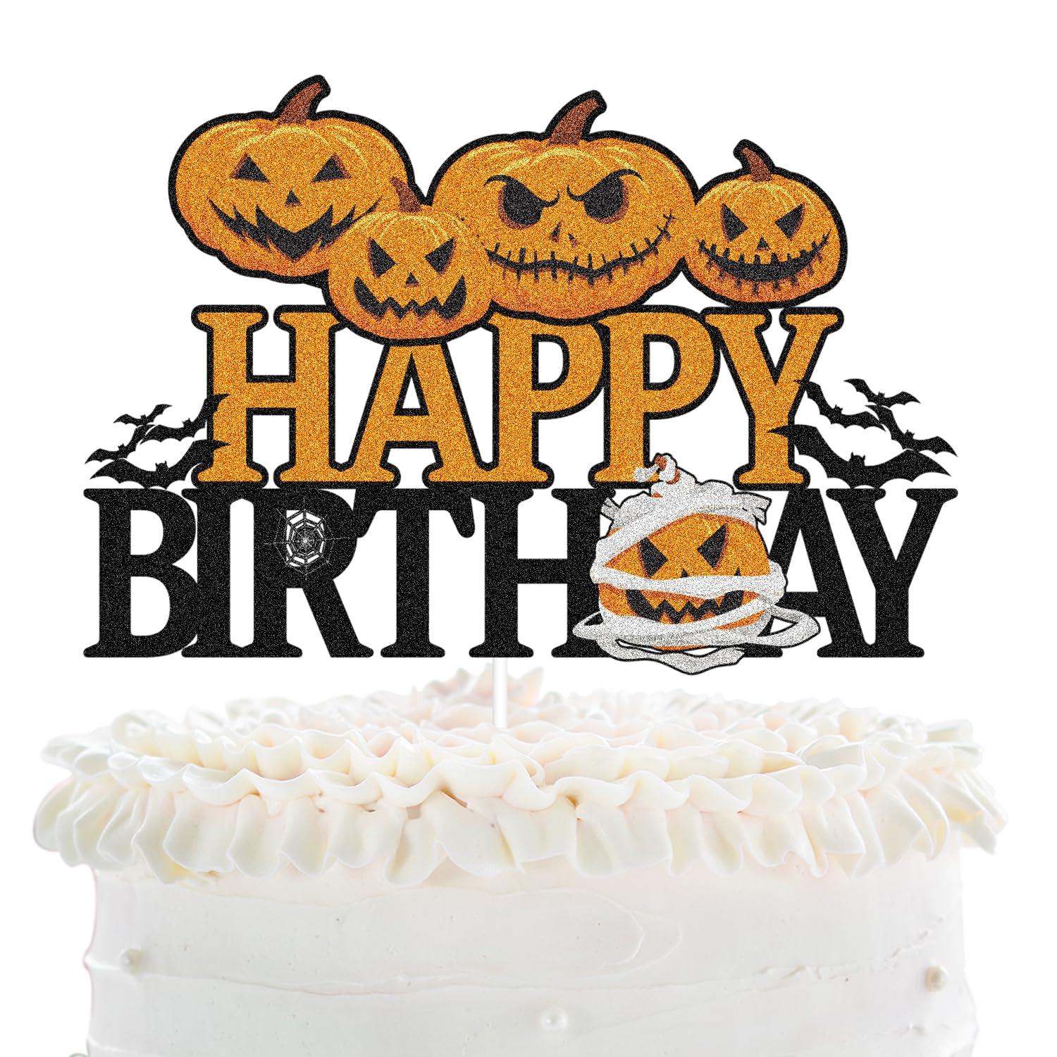 LHCING Halloween Happy Birthday Cake Topper - Halloween Birthday Pumpkins Black Glitter Cake Topper - Halloween Kids Birthday Party Friday The 13th Party Cake Derocation