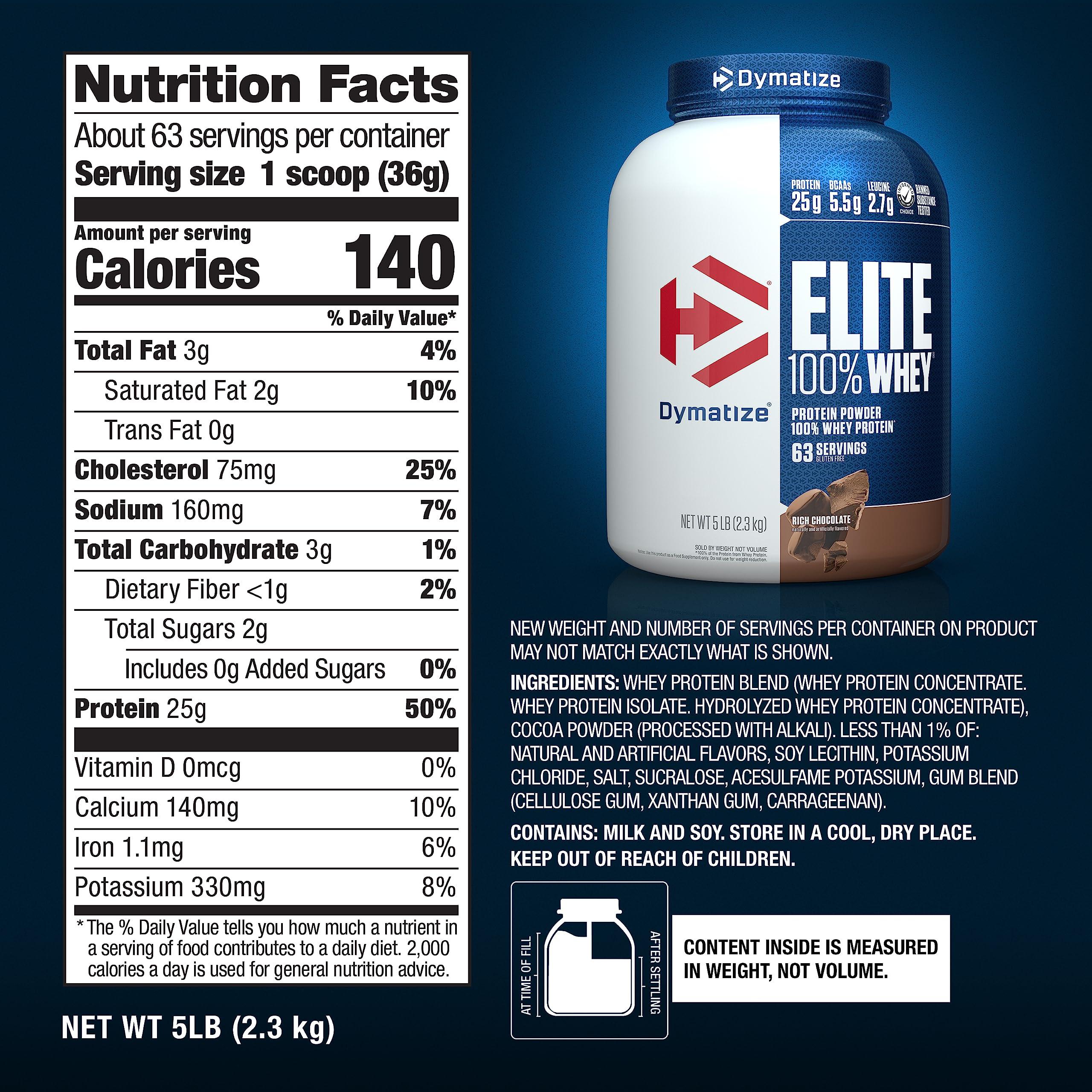 Dymatize Dymatize Elite 100% Whey Protein Powder, 25g Protein, 5.5g BCAAs & 2.7 L-Leucine, Quick Absorbing & Fast Digesting for Optimal Muscle Recovery, Rich Chocolate, 5 Pound, 63 Servings