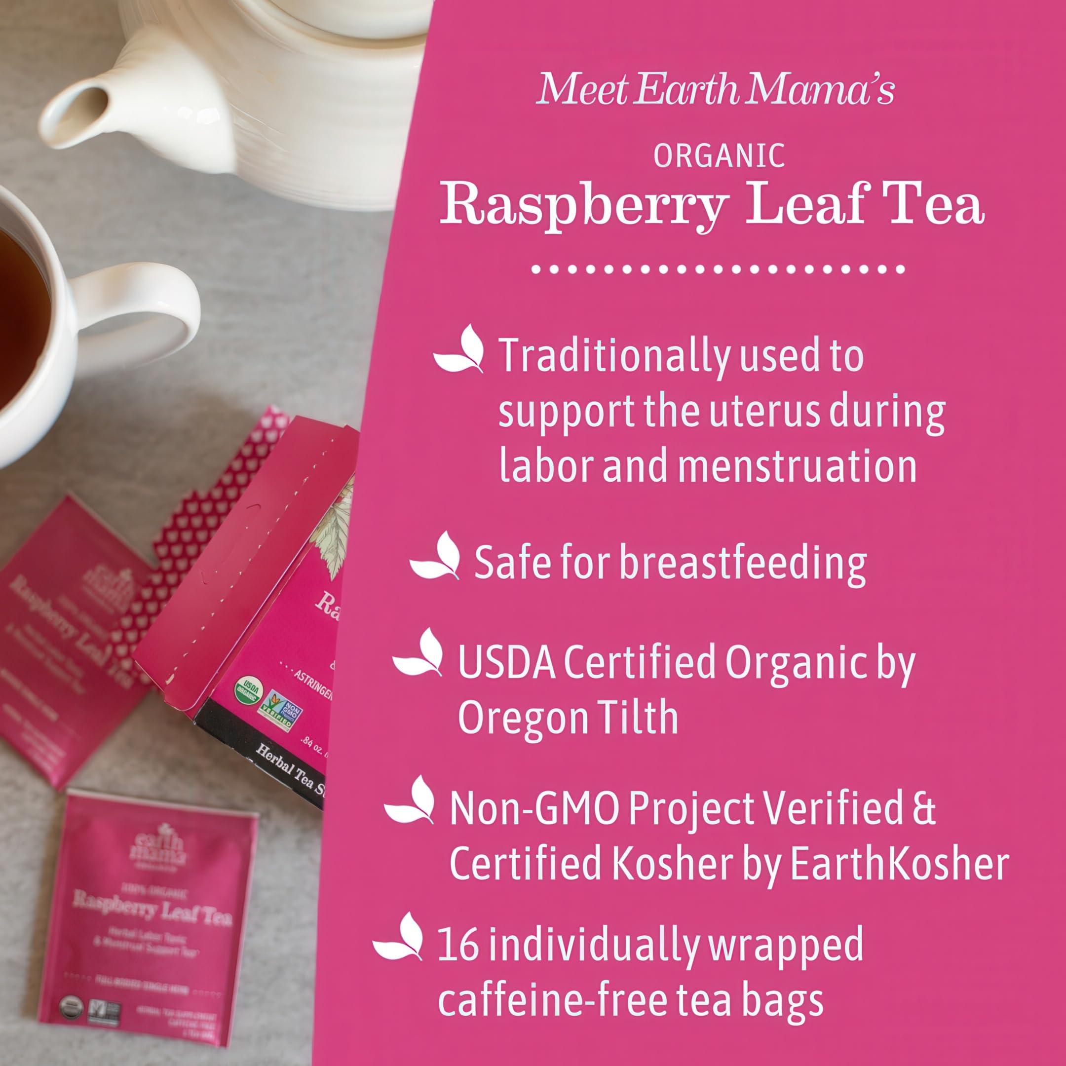 Earth Mama Earth Mama Organic Raspberry Leaf Tea Bags | Labor Tonic & Menstrual Support Herbal Tea, Red Raspberry Leaf Tea for Pregnancy & Postpartum Care Recovery, Caffeine Free Tea, Non GMO, (16-Teabags, 2-Pk)