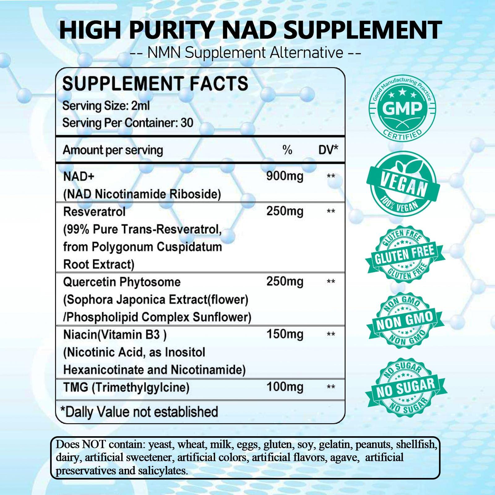 AMENQ hHEALTH NAD Supplement, Liposomal NAD Nicotinamide Riboside Resveratrol 900mg Quercetion, TMG, Vitamin B3, High Potency NAD Plus Liquid Supplement for Cell Regenerator, Longevity, Energy, Anti-Aging, Focus