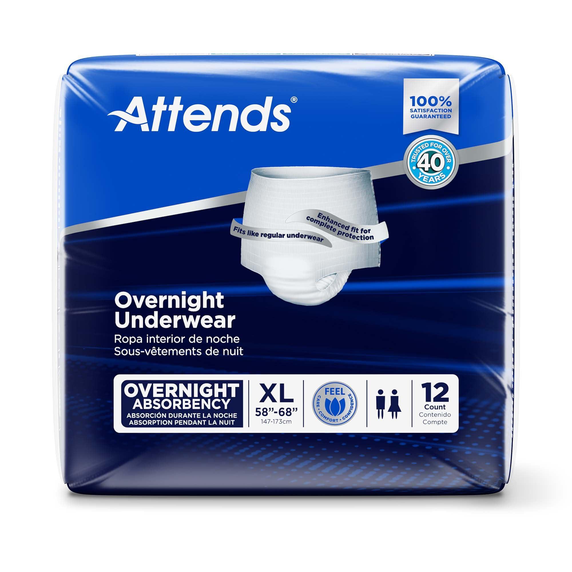 Attends Attends Overnight Underwear for Adult Incontinence Care with ConfidenceCuff™ Protection, Overnight Absorbency, Unisex, X-Large, 12 Count (x4)