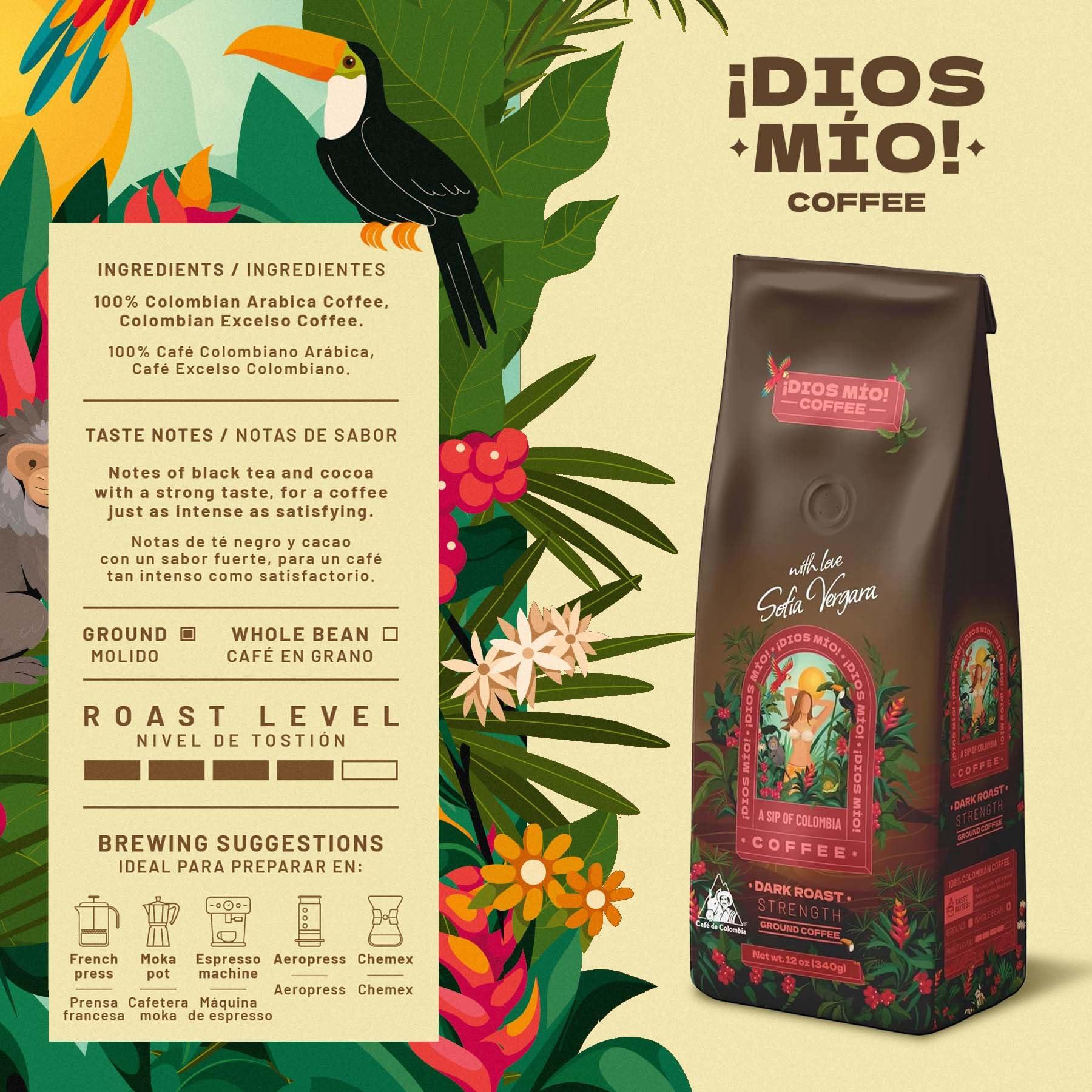 Dios Mio Dios Mio Coffee by Sofia Vergara | 100% Colombian Premium Ground Coffee | Strength, Dark Roast/Bags | Rich, Smooth Flavor | Fair Trade Coffee Beans | Empower Women Coffee Growers
