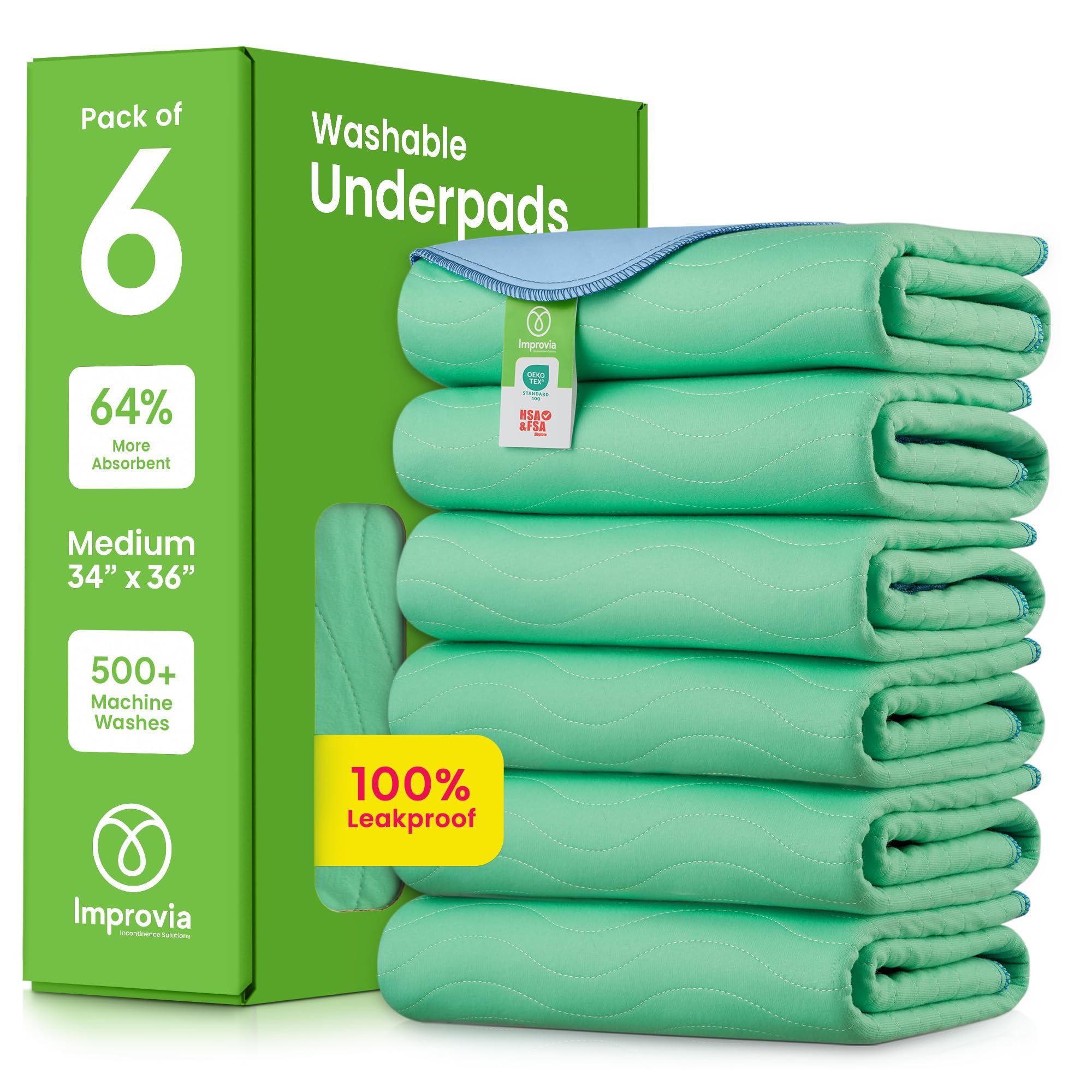 IMPROVIA IMPROVIA® Washable Underpads, 34" x 36" (Pack of 6) - Heavy Absorbency Reusable Incontinence Pads for Kids, Adults, Elderly, and Pets - Waterproof Protective Pad for Bed, Couch, Sofa, Furniture, Floor