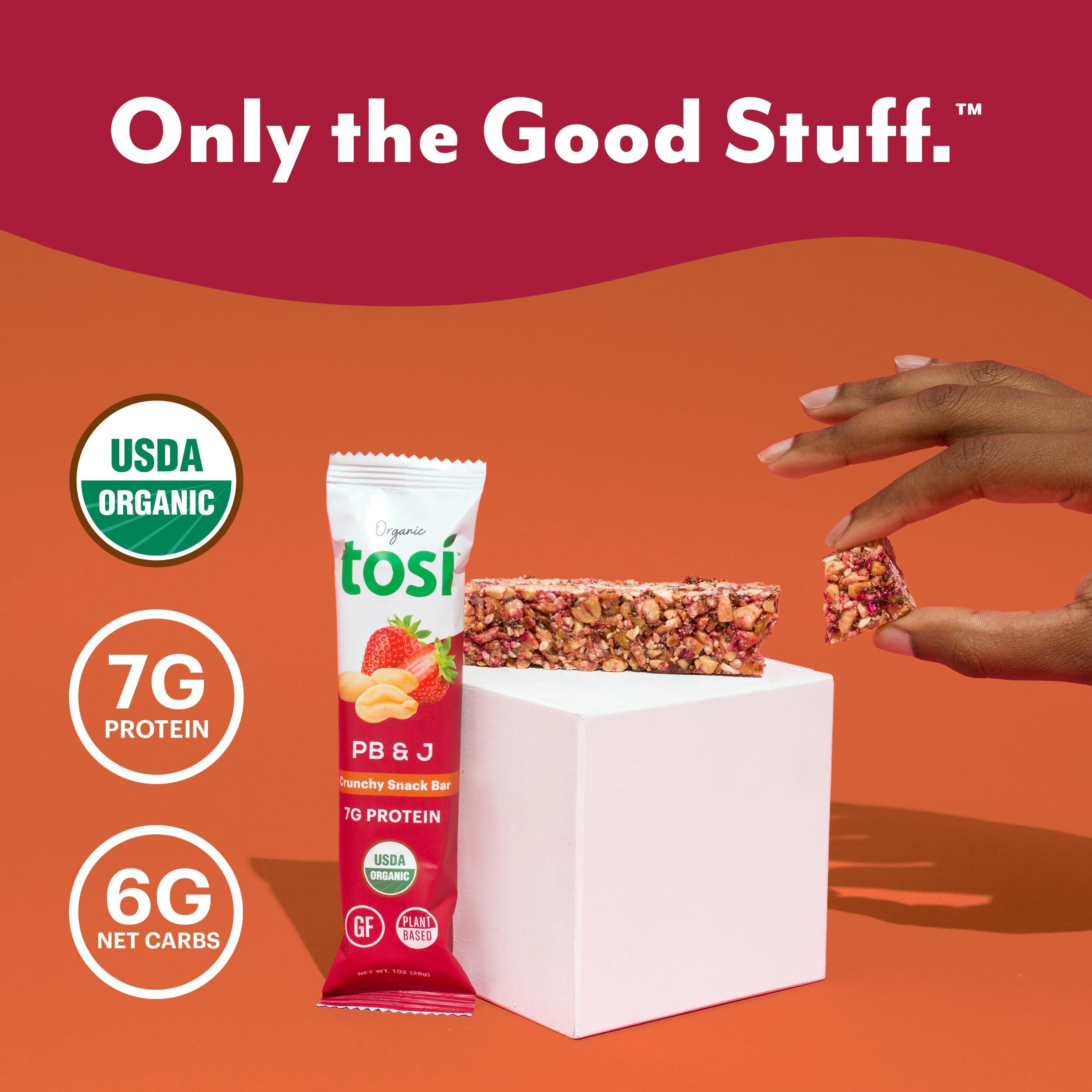 Tosi Tosi Peanut Butter & Jelly Protein Bars, Plant Based with Nuts, Gluten-Free Crunchy Snacks, Vegan, Organic, Flax & Chia Seeds, Soy-Free, Omega 3s, 7G Protein, 1 oz, 12-Pack