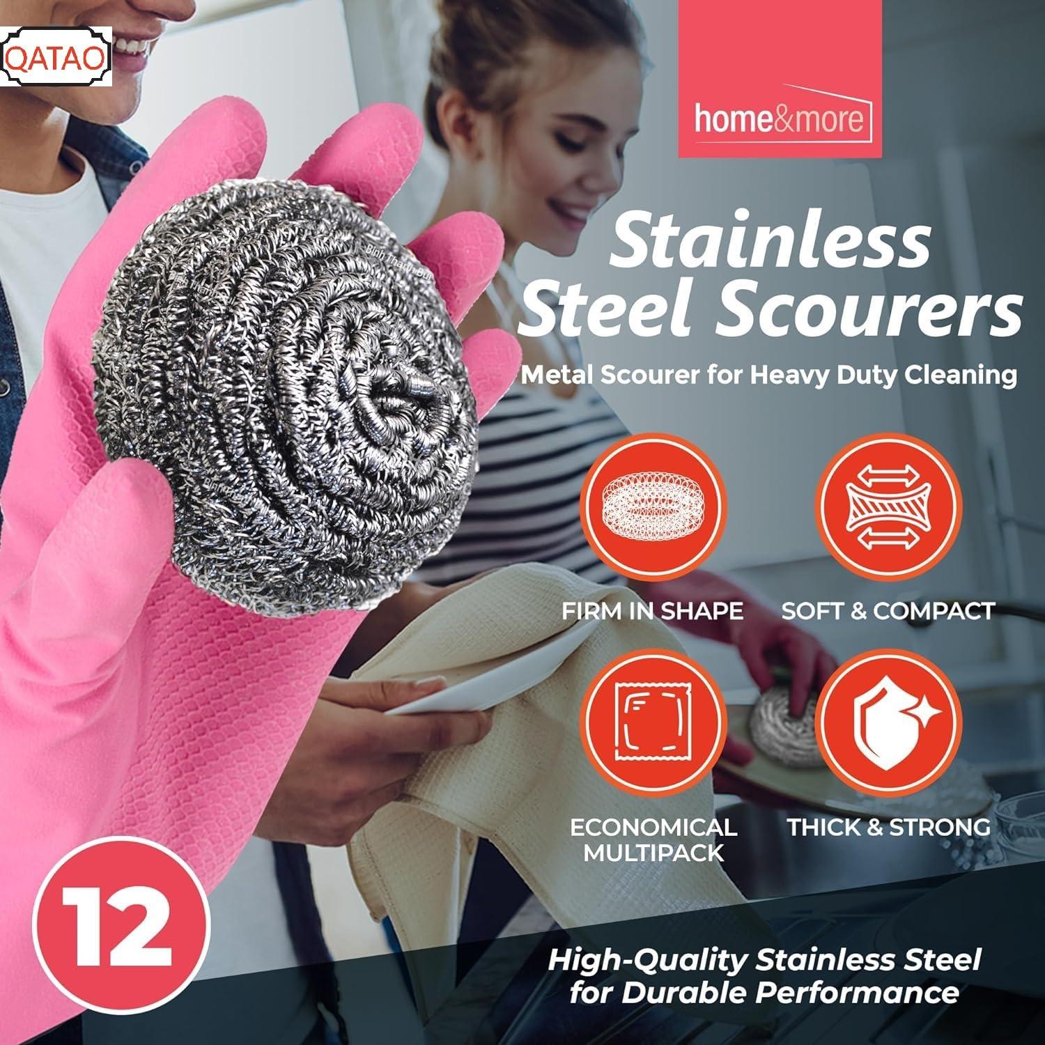 Qatao 12 Pack Stainless Steel Wool Scrubber,Scrubbing Scouring Pad for for Cleaning Dishes, Pots, Pans, Grills and Sinks