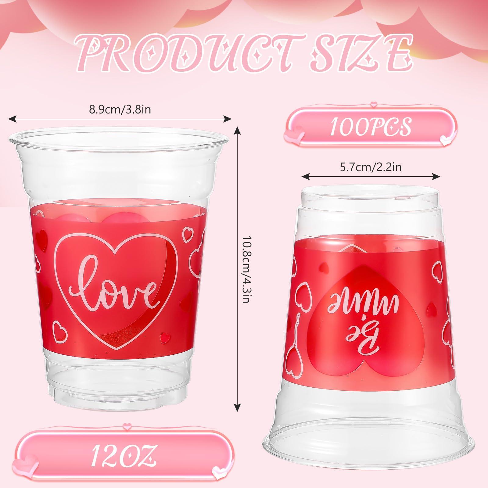 Meanplan Meanplan 100 Pcs 12 oz Valentine Plastic Cups Disposable Valentine Clear Coffee Cups Pink Heart Shot Glasses Party Supplies for Liquor Iced Coffee Juice(Be Mine Style)