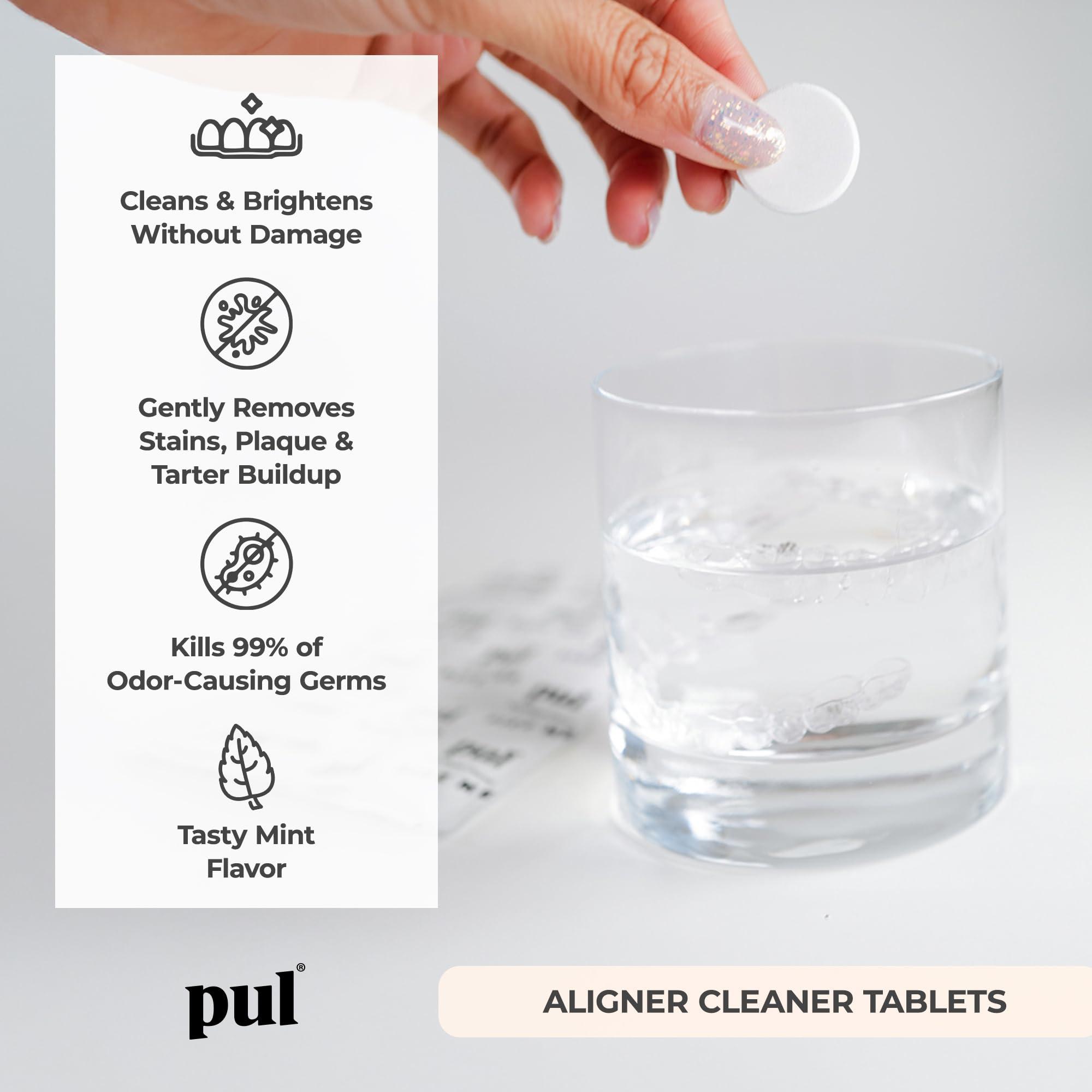 The Pultool Daily Aligner Cleanser Tablets by PUL - Remove Odors Discoloration Stains & Plaque - Specially Formulated to Clean & Brighten Aligners, Retainers, Dentures, Nightguards & Dental Appliances - 30 Pack
