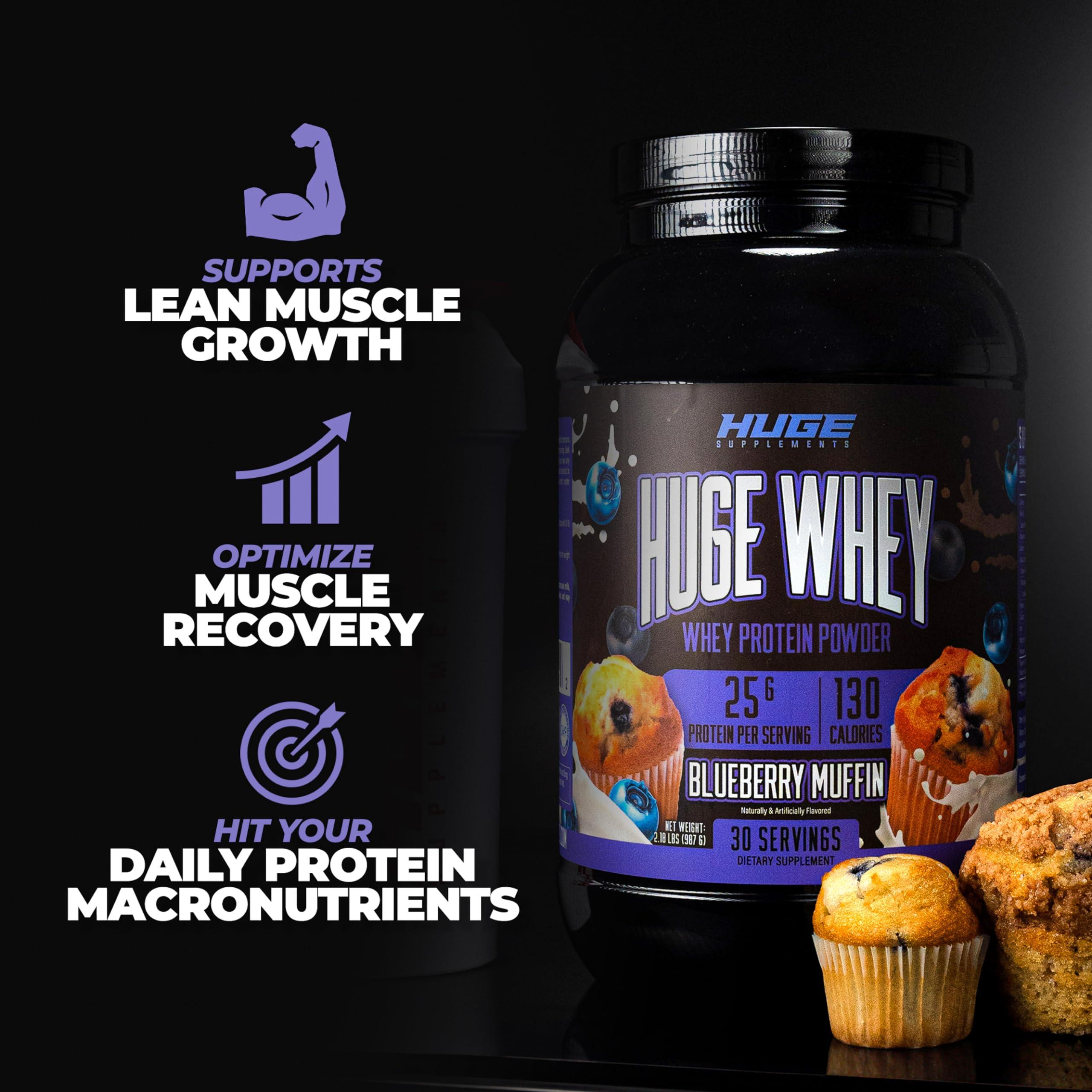 Huge Supplements Huge Whey, Protein Powder for Muscle Gain, 25g Protein, 12g EAAs, Supports Muscle Growth, Performance & Recovery (Blueberry Muffin, 30 Servings)