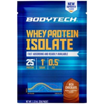 BODYTECH BODYTECH Whey Protein Isolate Powder - with 25 Grams of Protein per Serving & BCAA's - Ideal for Post-Workout Muscle Building & Growth, Contains Milk & Soy - Rich Chocolate (12 Packets)
