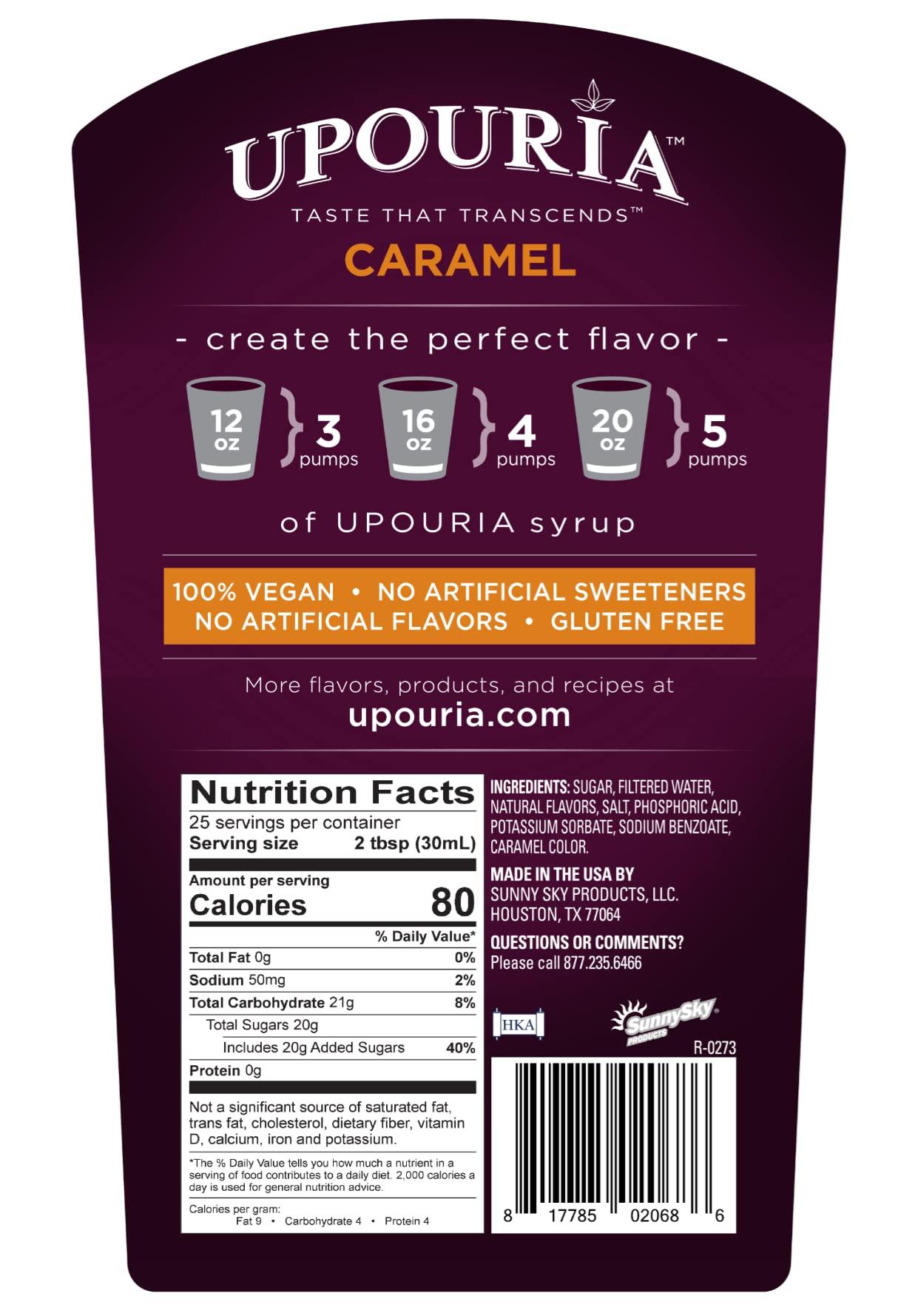 Sunny Sky Upouria Coffee & Tea Flavoring Syrup Variety Pack, French Vanilla, Mocha, Hazelnut, Caramel, 100% Vegan, Gluten Free, Kosher, 750 mL Bottle (Pack of 4)