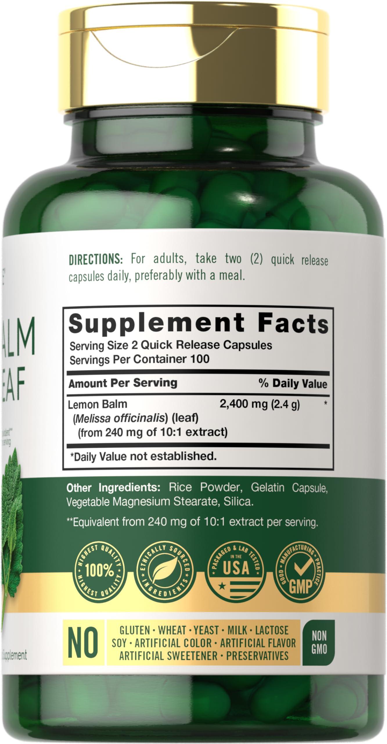 Carlyle Carlyle Lemon Balm Capsules | 200 Count | Non-GMO and Gluten Free Formula | Melissa Leaf Traditional Herbal Supplement | Super Concentrated Extract