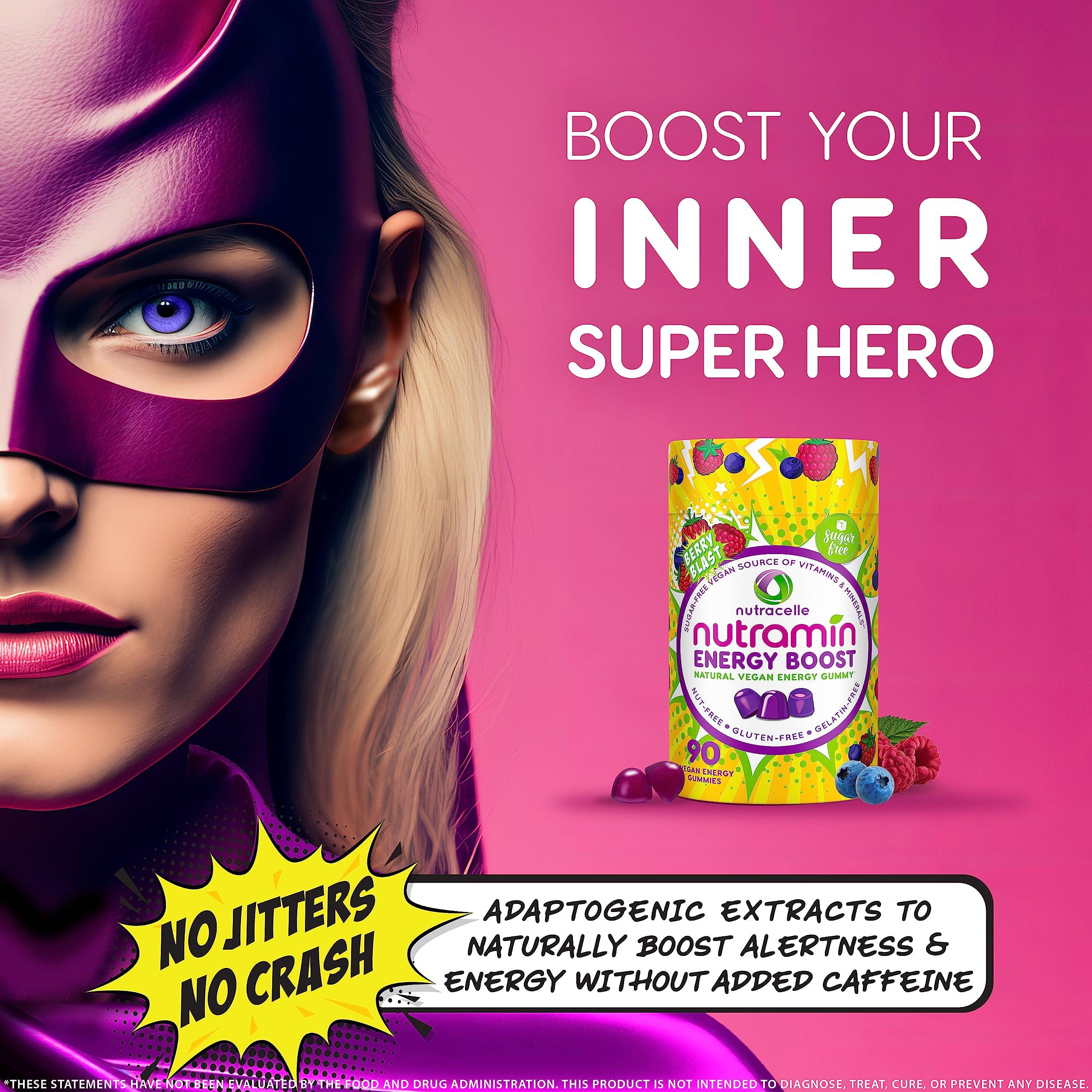 Nutracelle NUTRAMIN Energy Boost Vitamin Gummy - Skip The Coffee & Boost Your Energy, Caffeine-Free, Sugar-Free, Vegan, B12, Green Tea, Ashwagandha, Garcinia Cambogia, Raspberry Adaptogen - 90 ct