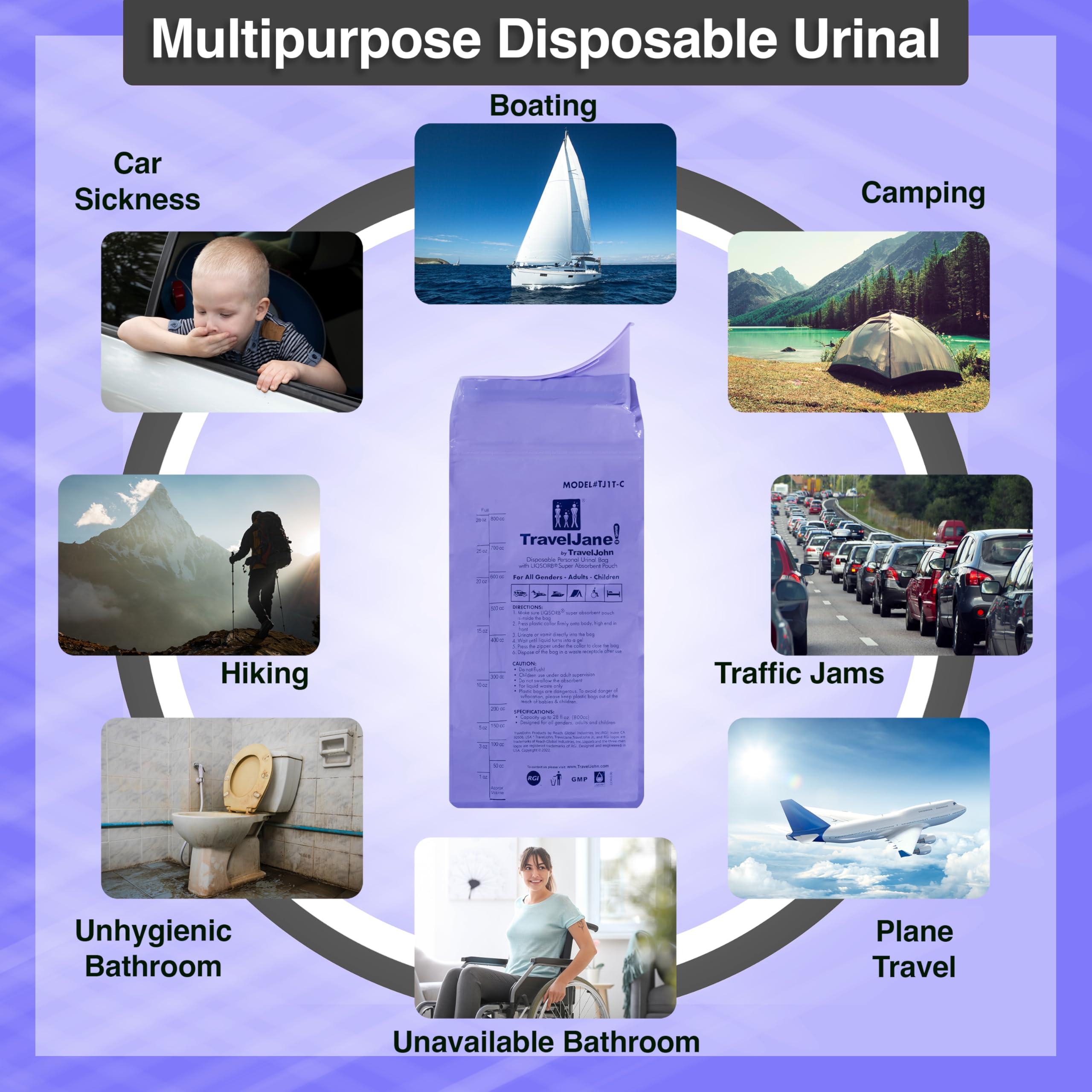 TravelJohn TravelJane Resealable Disposable Urinal for All Genders, Adults, and Children (6 Pack) Designed for Emergencies, Travel, Camping, Long Car Rides and More - 28oz/800ml Capacity (TJ1T-C)