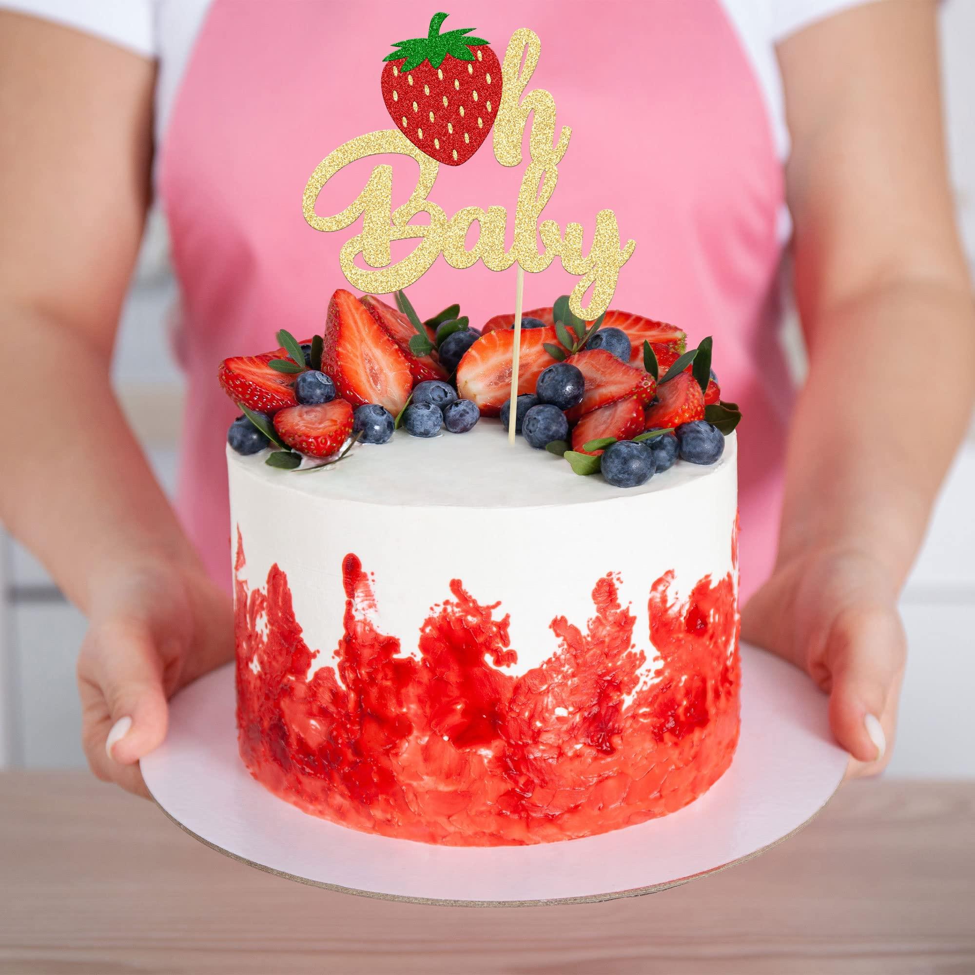 Ephlyn 1Pc Strawberry Oh Baby Cake Topper Glitter Fruit Theme Babyshower Strawberry Cake Decoration for Gender Reveal Baby Shower Kids Boys Girls Birthday Party Cake Decorations Supplies