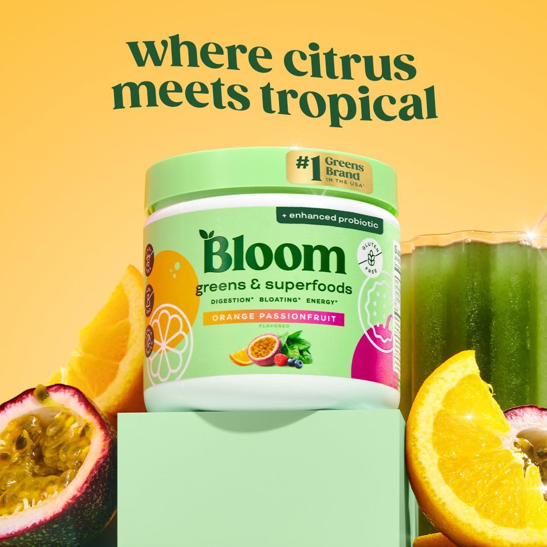 Bloom Nutrition Bloom Nutrition Superfood Greens Powder, Digestive Enzymes with Probiotics and Prebiotics, Gut Health, Bloating Relief for Women, Chlorella, Juice Mix w/Beet Root Powder, 30 SVG, Orange Passionfruit