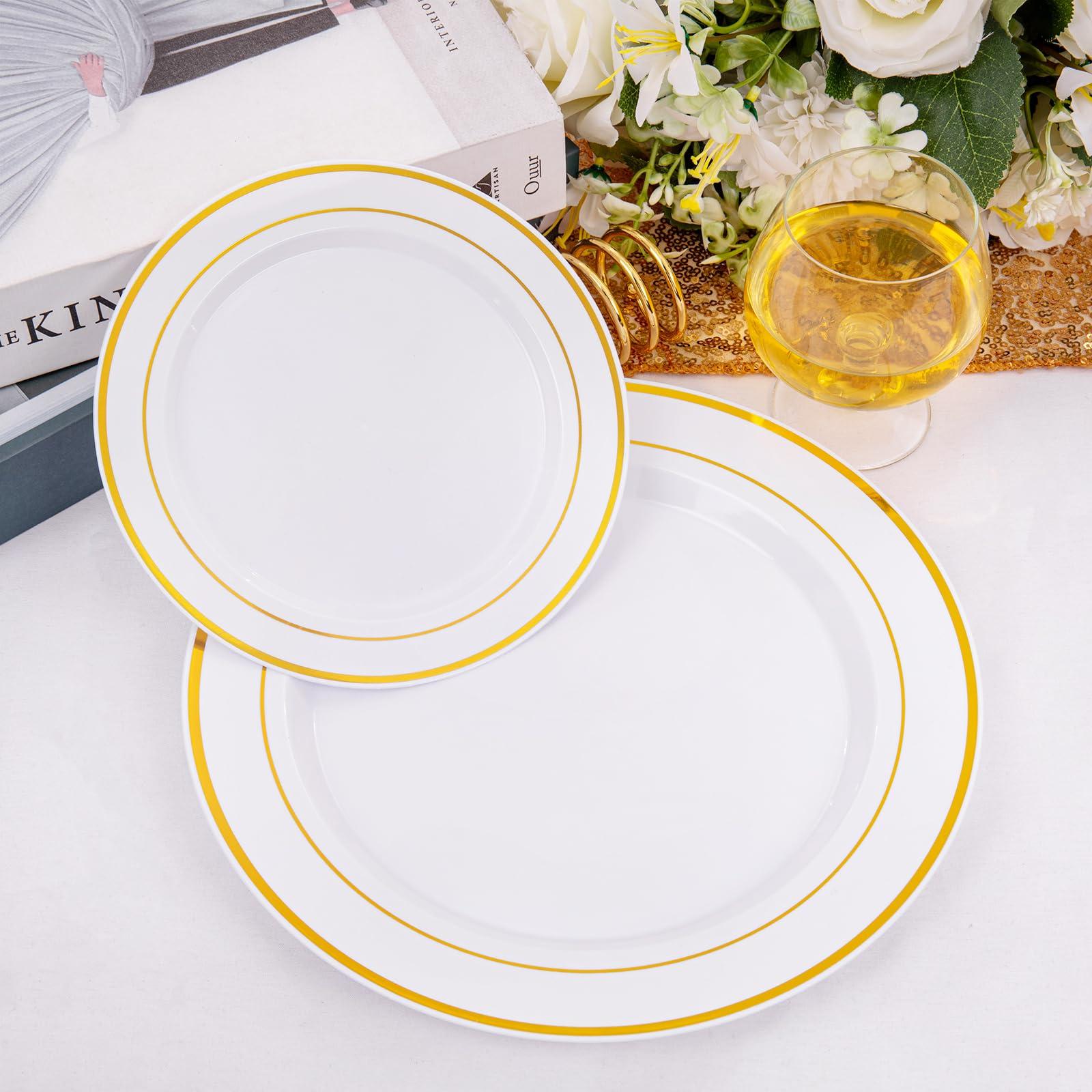 I00000 200 Pcs Gold Plastic Plates - Disposable Party Plates, Gold Plates Disposable Include 100 Dinner Plates and 100 Elegant Dessert Plates, Plastic Plates for Party, Holiday, Wedding & Birthday