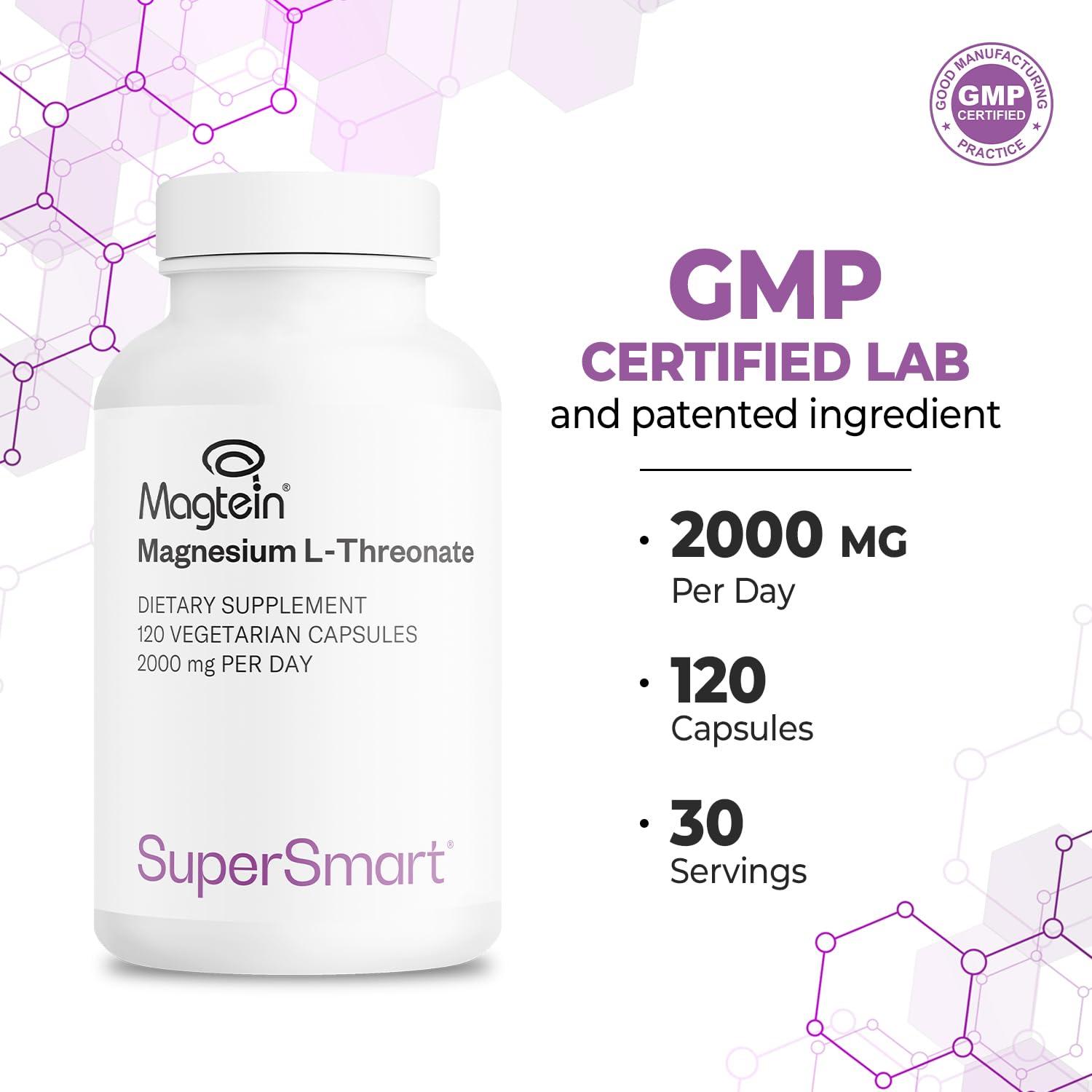 super smart Supersmart - Magnesium L-Threonate 2000mg per Day (Patented Magtein) - Highly Bioavailable Magnesium Threonate - Brain Supplement | Non-GMO & Gluten Free - 120 Vegetarian Capsules