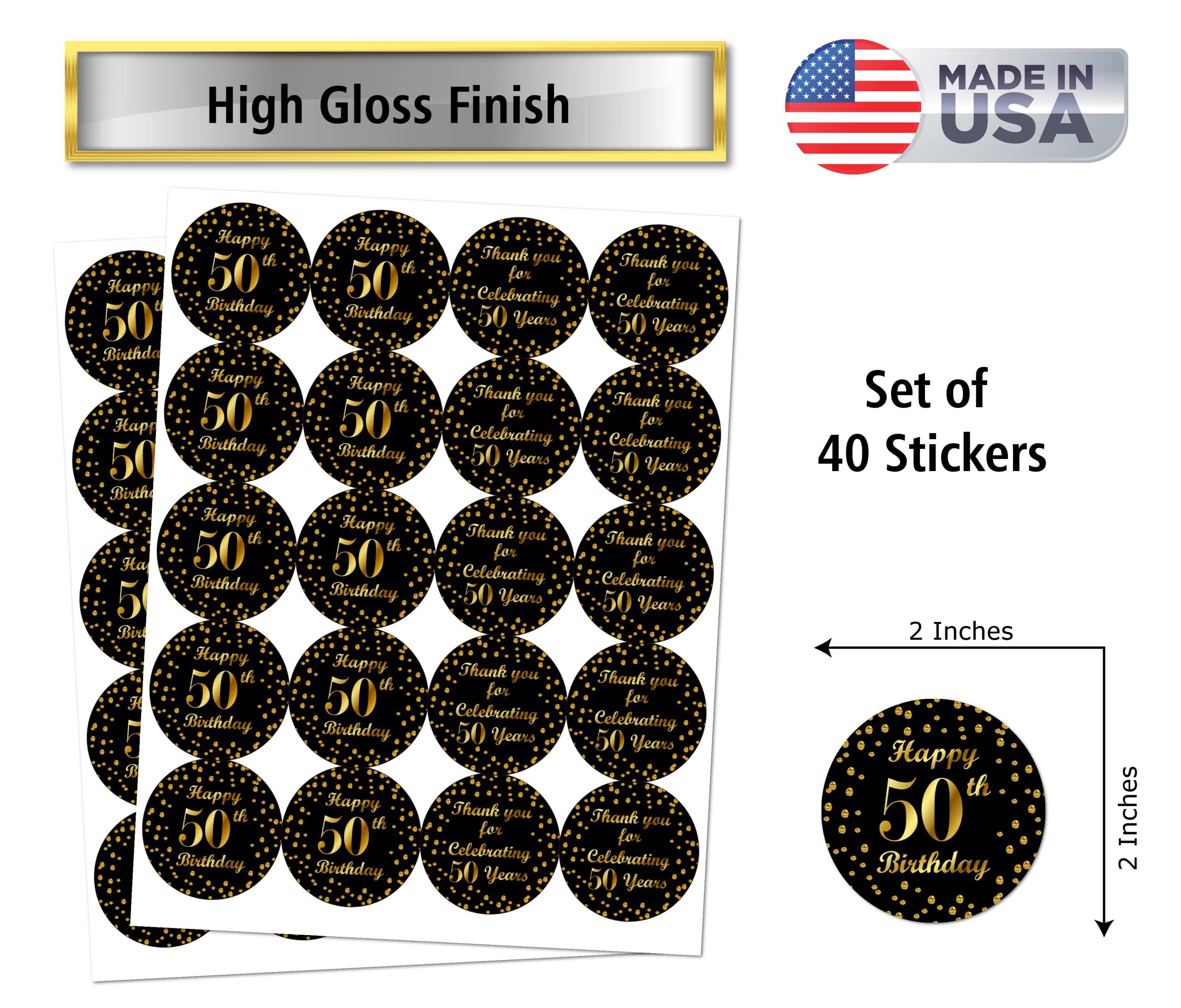RokAPary 50th Birthday Round 2 Inch Big Glossy Stickers, Thank You for Celebrating 50 Years Black and Gold Labels, Great for Party Favors, Decorations, Tags, Gift Bags and Supplies. Made in USA