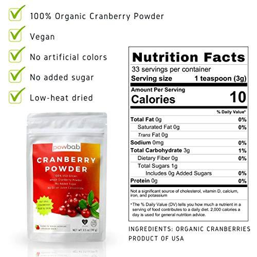 powbab powbab Cranberry Powder from 100% USA Grown Organic Dried Cranberries. No Added Sugar. Pure Fruit, Unsweetened Cranberry Supplement for Urinary Tract Health for Women. Not Freeze Dried. (3.5 Oz)