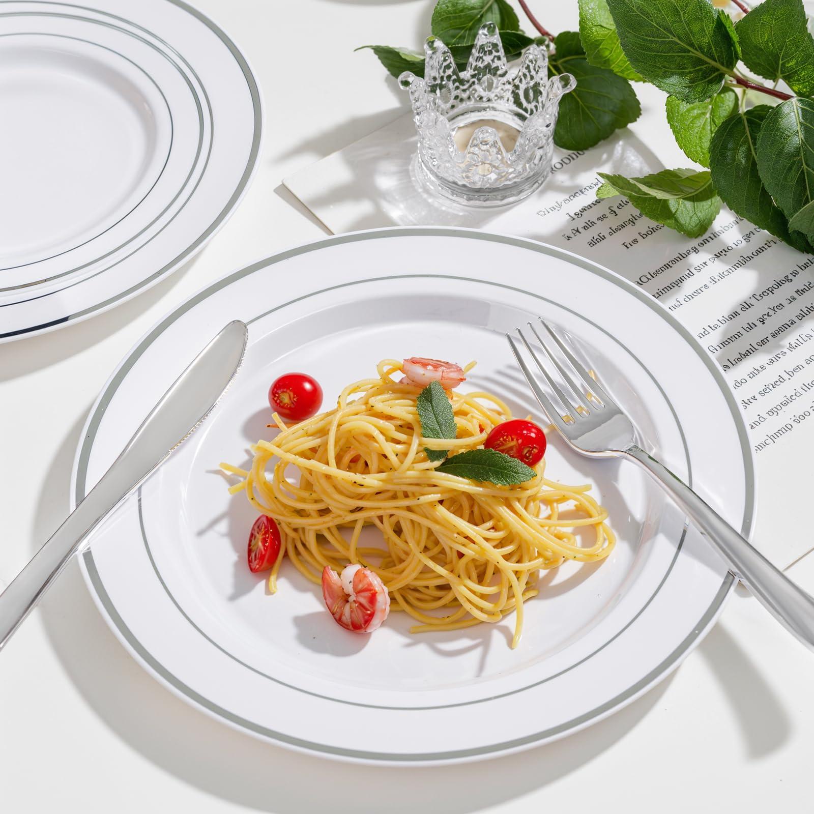 WDF Partyware WDF Partyware 350 Pcs Silver Plastic Plates - Silver Dinnerware Set of 50 Dinner Plates 50 Dessert Plates 50 Silverware 50 Napkins 50 Cups for Party&Wedding