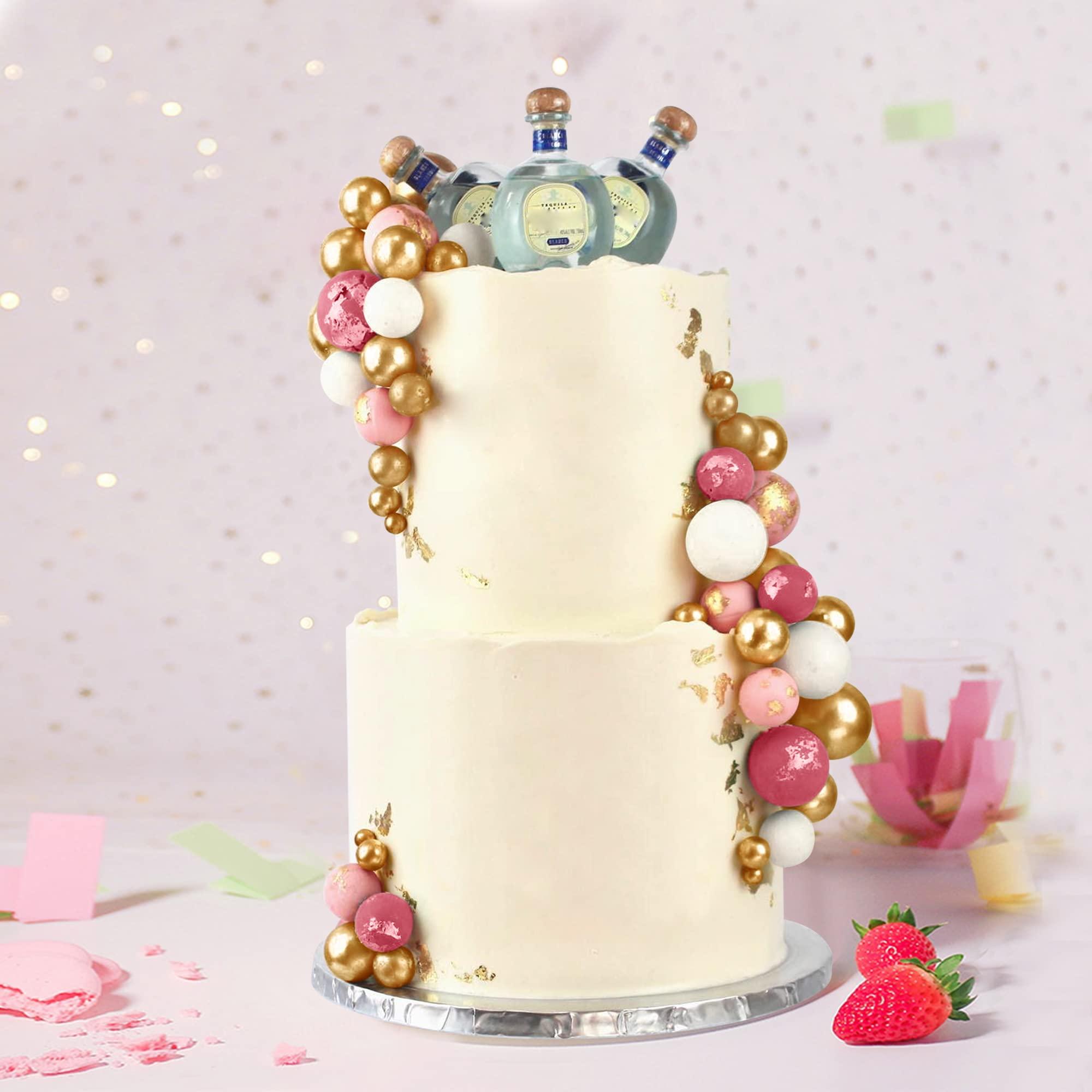 RASSLISA 113 PCS 5 Size Colorful Balls Cake Topper Foam Ball Cake Decorations Ball Shaped Cake Insert Topper for Birthday Baby Shower Wedding Decoration Supplies (Gold Pink White Hot Pink)