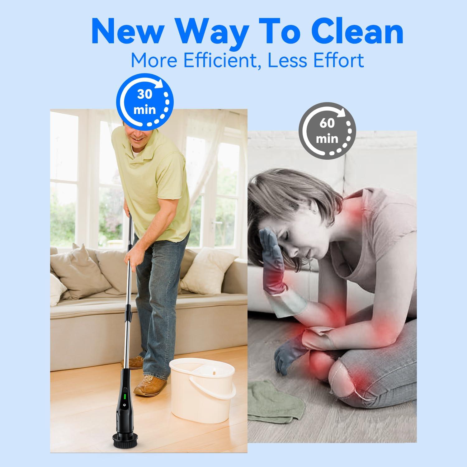 RERBIO Electric Spin Scrubber,Bathroom Cleaning Brush with Long Handle 8 Replaceable Brush Heads, 2 Adjustable Speeds, Cordless Power Cleaning Brushes for Bathtub Grout Tile Floor