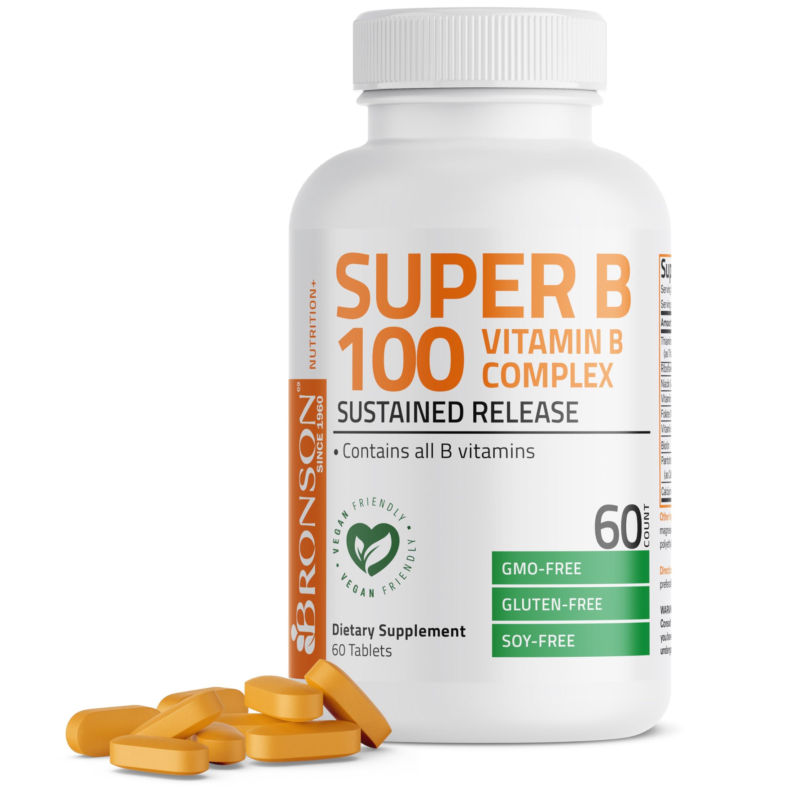 Bronson Bronson Vitamin B 100 Complex High Potency Sustained Release (Vitamin B1, B2, B3, B6, B9 - Folic Acid, B12), 60 Tablets