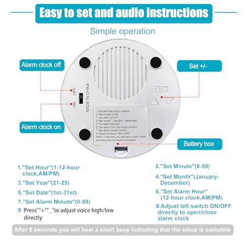 BATVOX BATVOX Large Talking Button Clock, Talking Alarm Clock with Volume Control, Telling Time and Day of The Week, Alarm, Gift Clock for Mother,Father,Seniors,Elderly,Blind People (Silver&Blue)