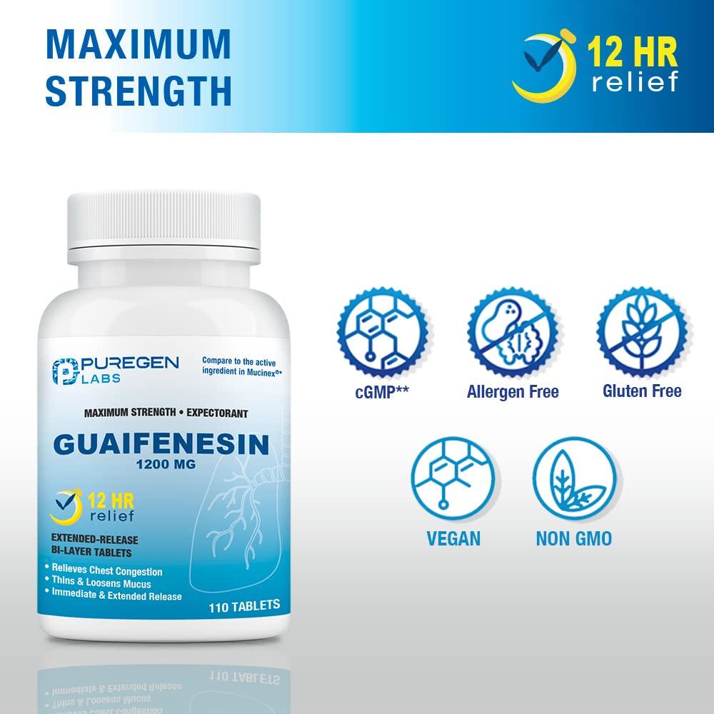 P Puregen Labs Puregen Labs Mucus Relief 12 Hour Extended Release Guaifenesin 1200mg Maximum Strength | Total 220 Tablets | Relief from Cough, Cold, Nasal & Chest Congestion | Expectorant | Extended Release Tablets