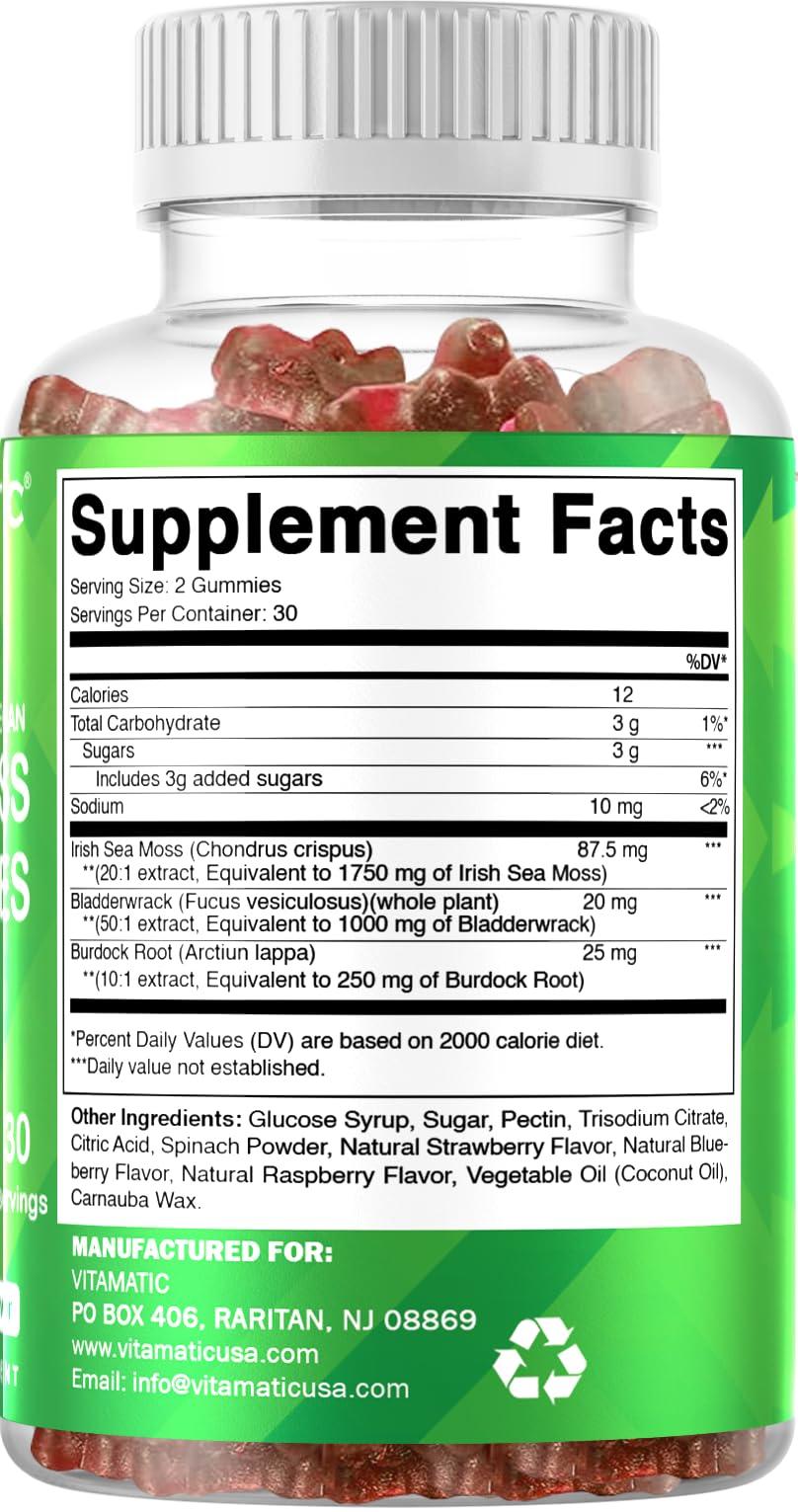 Vitamatic Vitamatic 2 Pack Irish Sea Moss Gummies- 3000mg Equivalent Per Serving (from Extract 132.5 mg) - 60 Ct - Made with Bladderwrack & Burdock Root - Seamoss Supplement for Thyroid, Energy, Immune Support