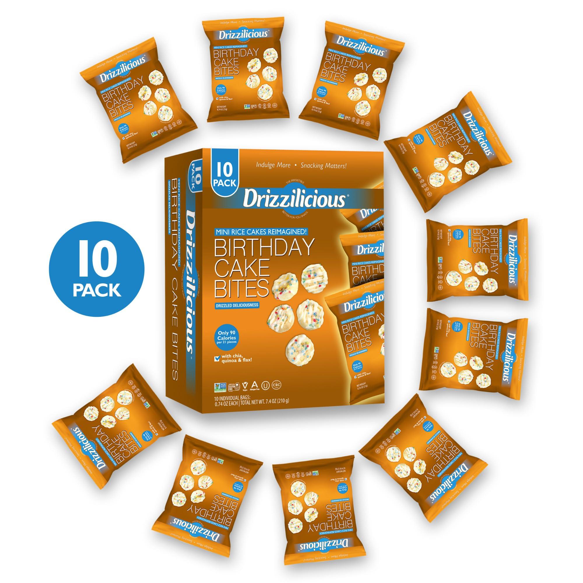 Drizzilicious Drizzilicious Mini Rice Cakes Birthday Cake - Rice Crisps, Healthy Snack for Adults and Kids, Flavored Rice Cakes, Vegan, Gluten Free, Allergen Free, Only 90 Calories Per Bag - 0.74 oz (Pack of 10)
