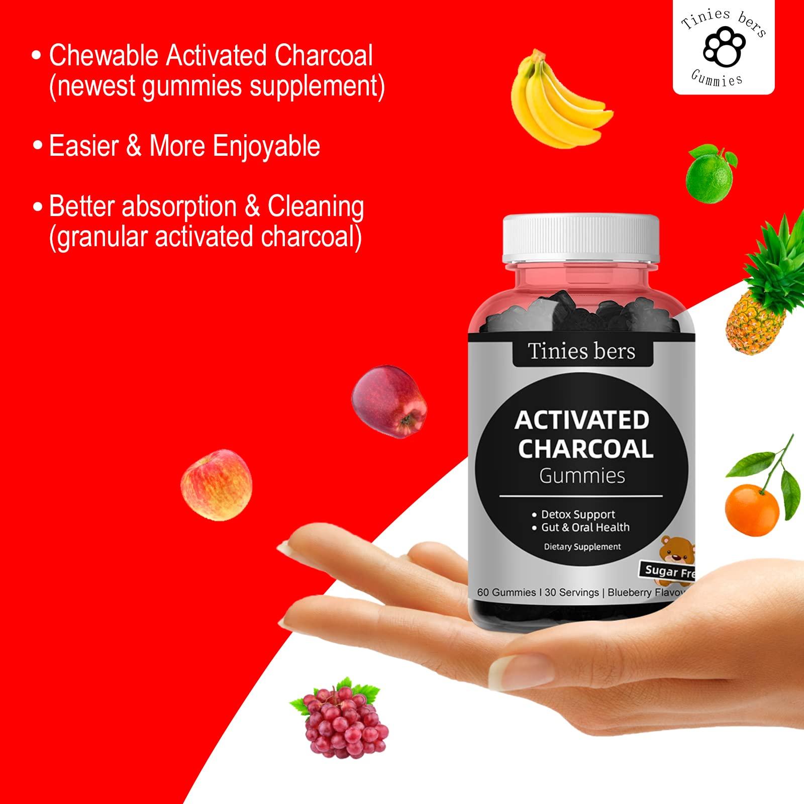 Tinies bers Activated Charcoal Gummies Sugar Free, 400mg Charcoal Supplements from Coconut, Quicker to Cleanse, Detox, Gas Relief, Gut & Oral Health for Adults & Kids, Gluten Free, Non GMO, Vegan, Pectin, 60