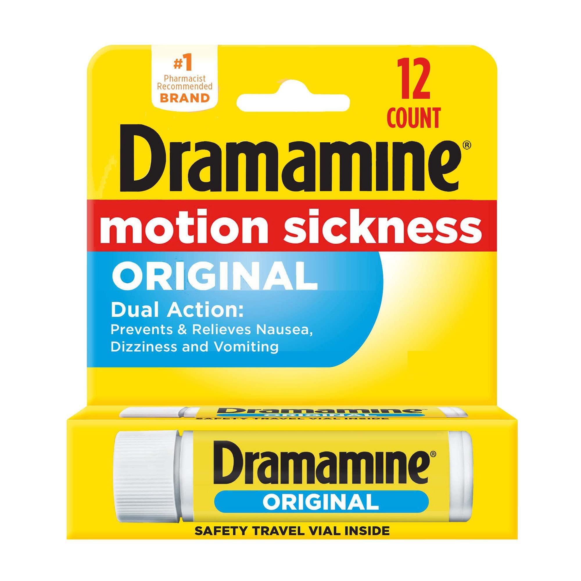 Dramamine Dramamine Motion Sickness Relief Tablets Bundle: All Day Less Drowsy, 8 Count, 3 Pack and Original Travel Vial, 12 Count