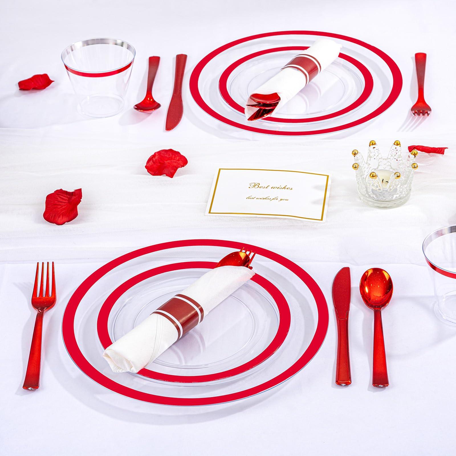 I00000 I00000 350 Pcs Clear and Red Plastic Plates,Valentines Disposable Dinnerware Set, Include 50 Dinner Plates 10.25\'\', 50 Dessert Plates 7.5\'\',50 Red Rim Cups,50 Per Rolled Napkins with Plastic Cutlery