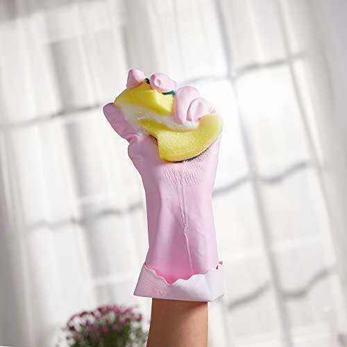 Forcom Reusable Household Cleaning Gloves, PVC Kitchen Gloves, Flocked Lining, Latex Free Dish Gloves, Non-Slip, 2 Pairs (Pink, Small)