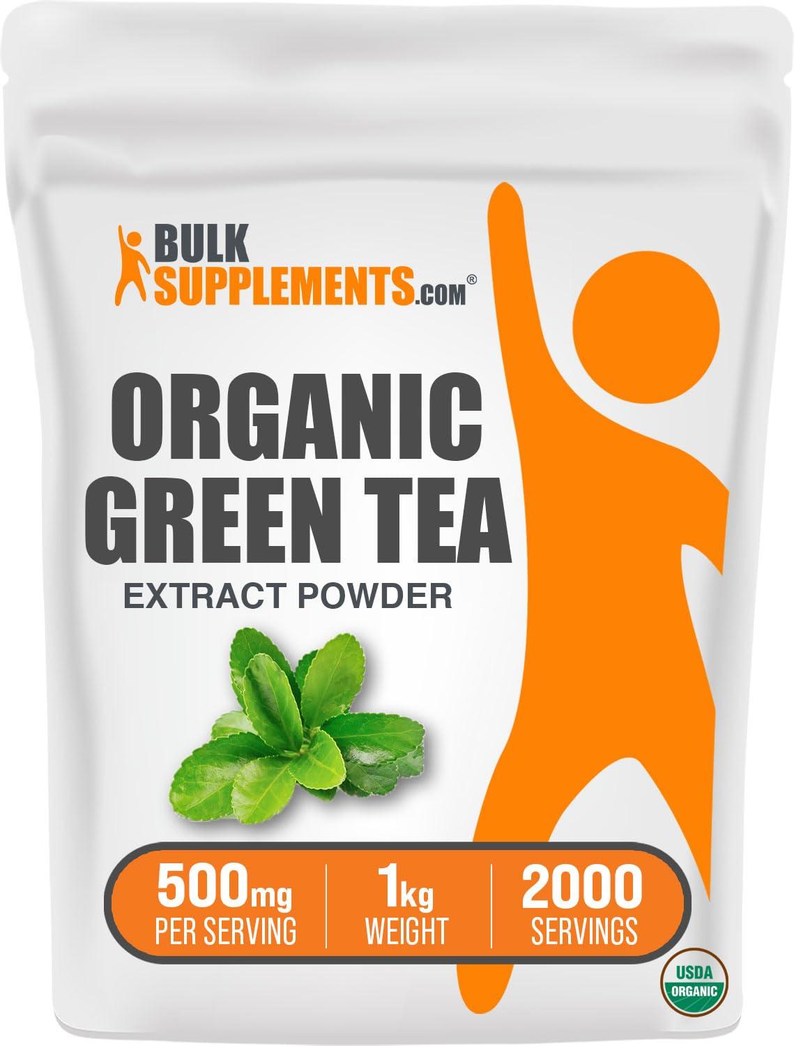 BulkSupplements BulkSupplements.com Organic Green Tea Extract Powder - Herbal Supplement, Green Tea Supplement, Green Tea Powder - Vegan & Gluten Free, 500mg per Serving, 1kg (2.2 lbs) (Pack of 1)