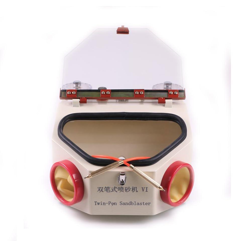 Alliph Alliph Two-Pen Sandblaster Machine, Sandblasting Machine with 2 Pens & 2 Tanks, Dental Sandblasting Equipment with Led and Glass Window for Surface Treatment of Materials