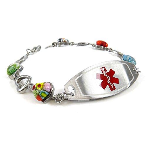 My Identity Doctor My Identity Doctor - Customized Medical Alert Bracelet for Women with Engraving - 1.2cm Steel, Glass Hearts - Red - Wrist Size 6.75 Inch